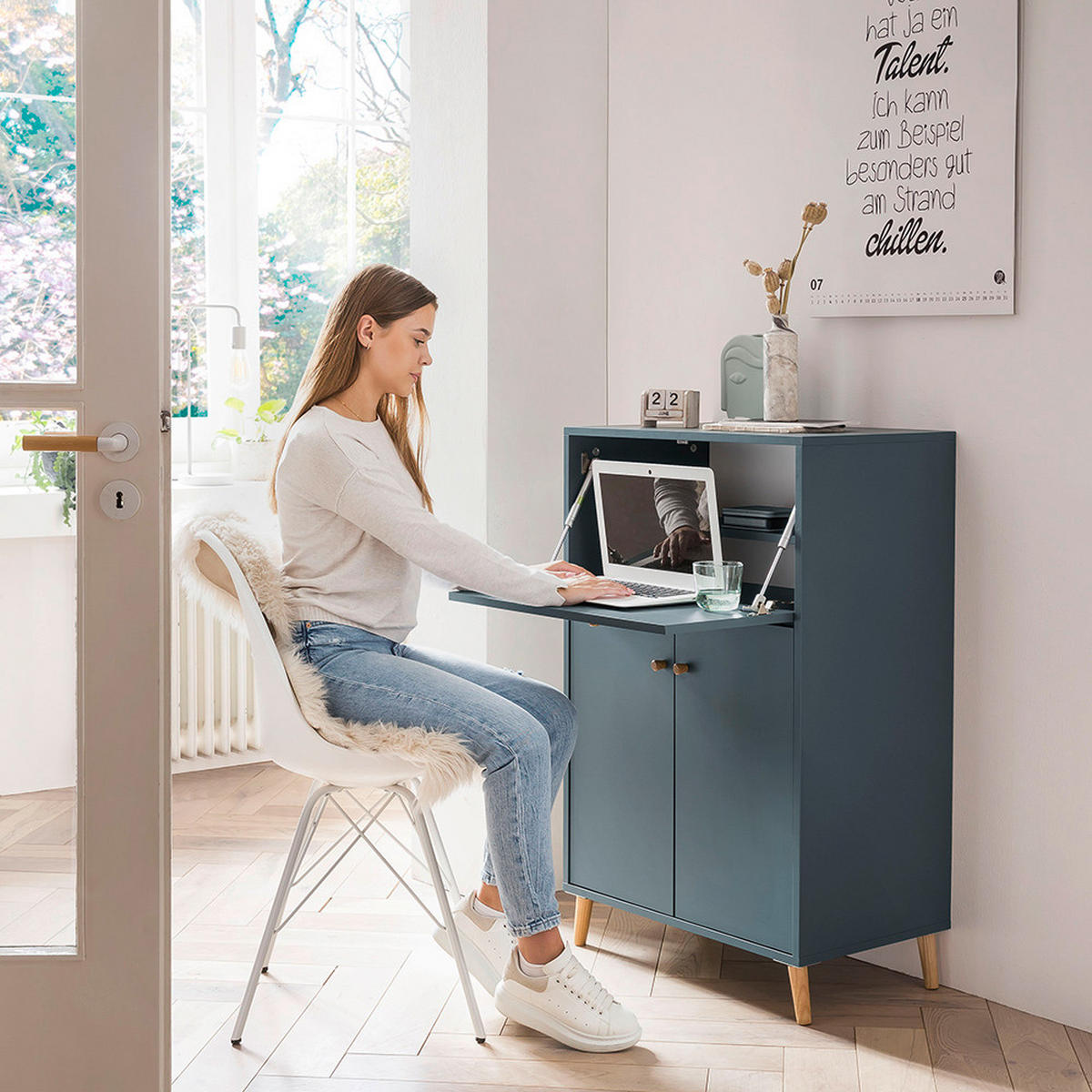 SEKRETÄR  in verschiedenen Holz-Dekoren erhältlich  - Blau/Weiß, MODERN, Holz/Holzwerkstoff (65,2/101,7/39cm) - MID.YOU