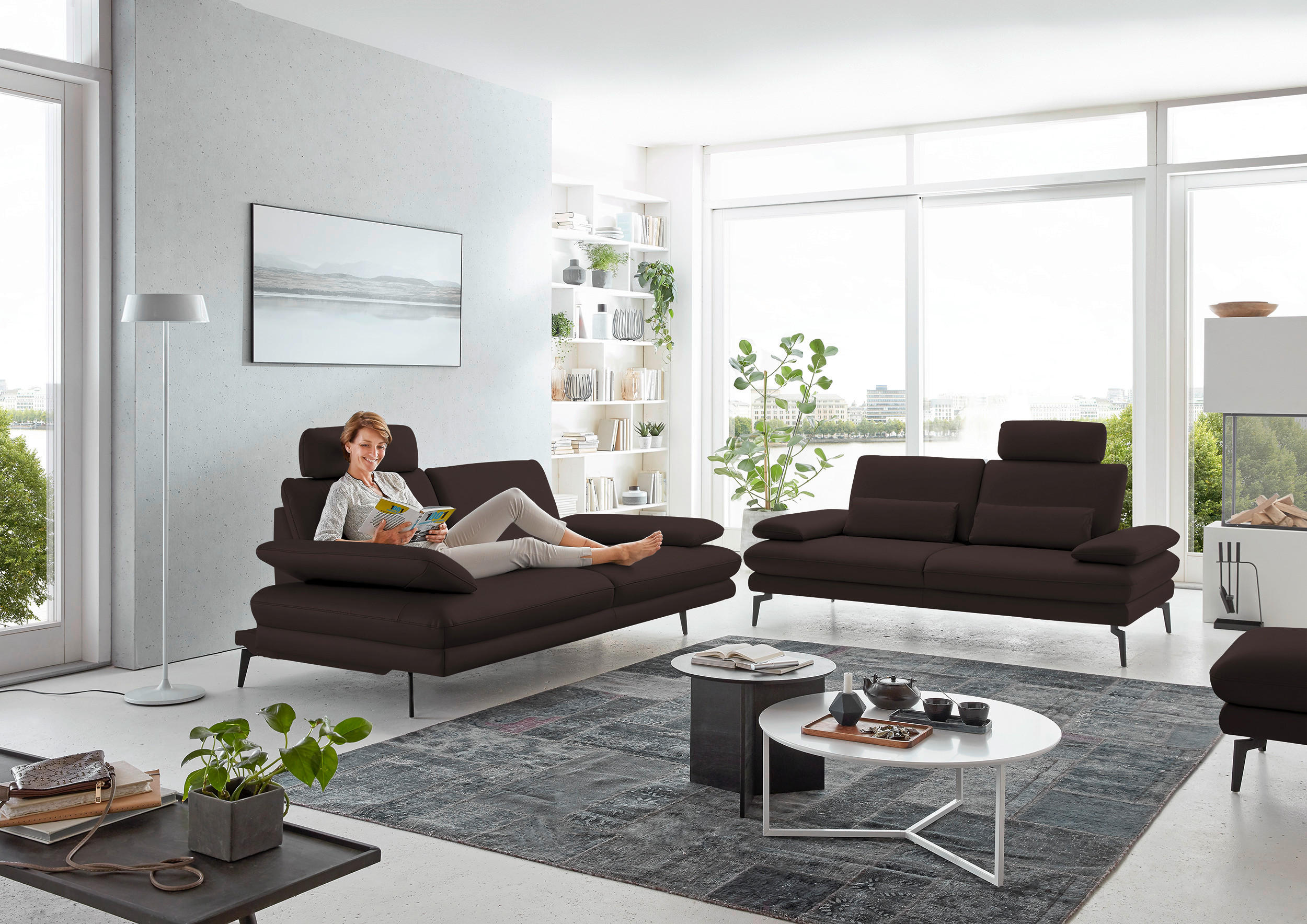 2,5-SITZER in Leder Braun  - Schwarz/Braun, Design, Leder/Metall (196/86/104cm) - Dieter Knoll