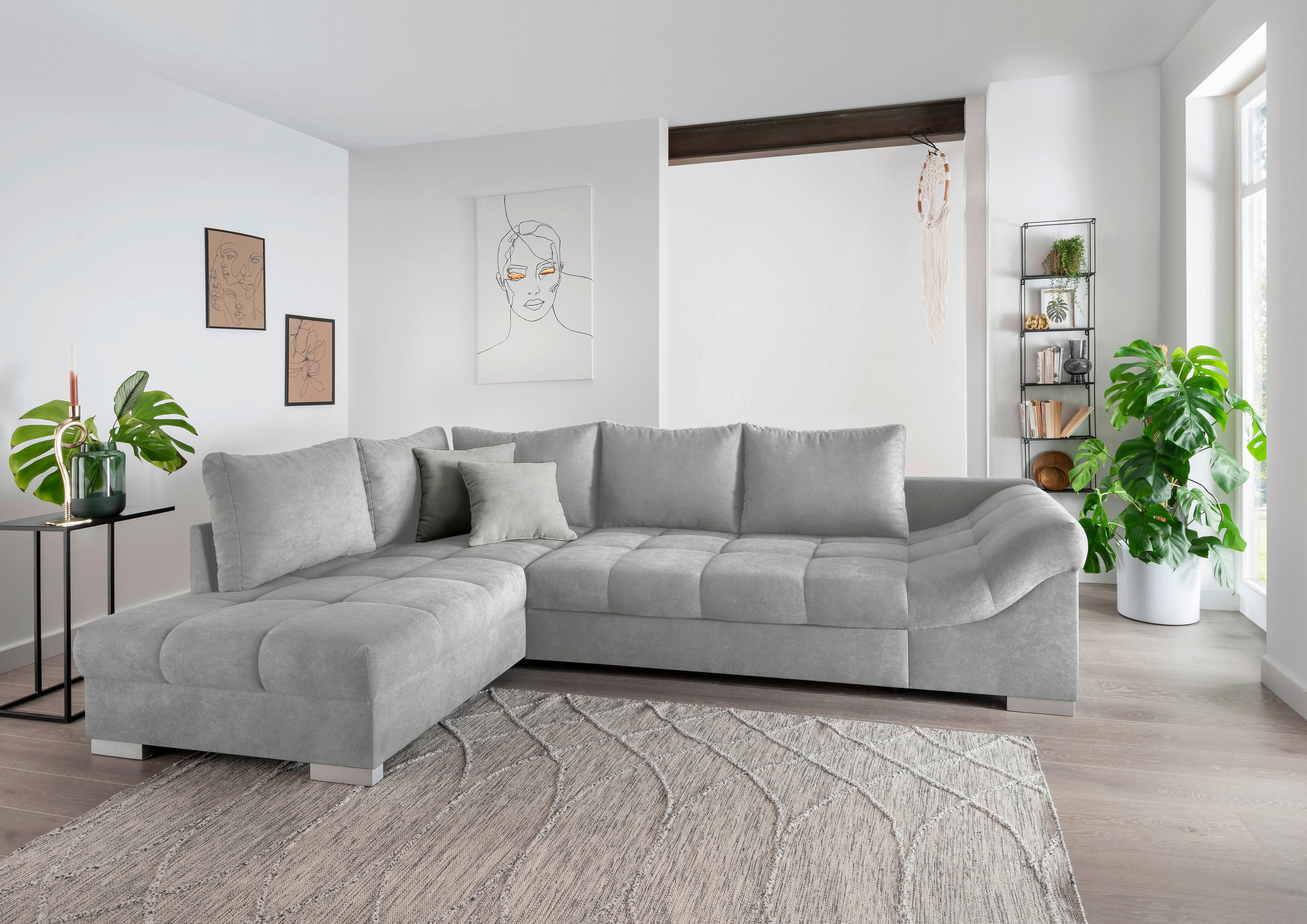 ECKSCHLAFSOFA Hellgrau Mikrofaser  - Silberfarben/Hellgrau, Design, Holz/Textil (202/298cm) - MID.YOU
