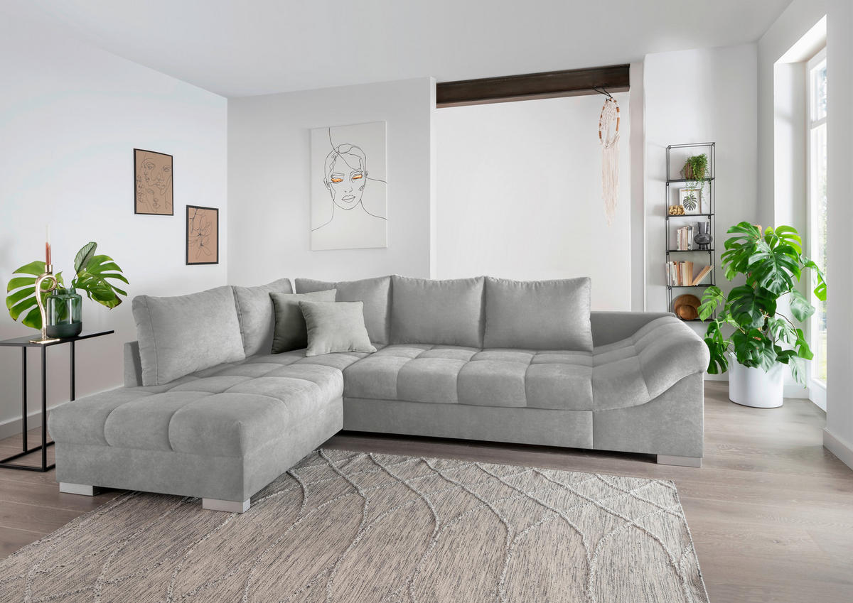 ECKSCHLAFSOFA Hellgrau Mikrofaser  - Silberfarben/Hellgrau, Design, Holz/Textil (202/298cm) - MID.YOU