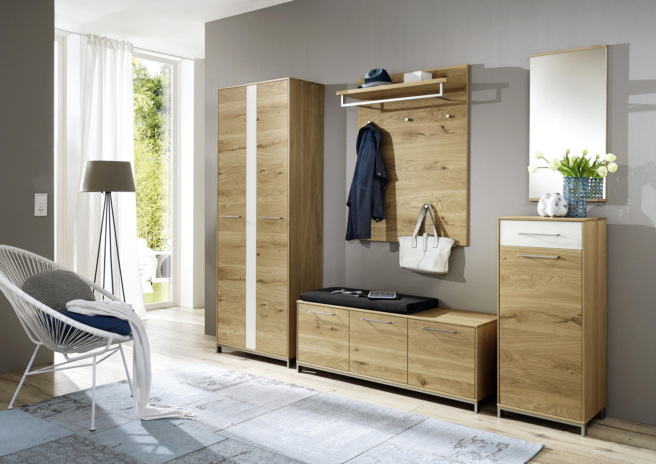 GARDEROBE Weiß, Eichefarben - Eichefarben/Weiß, Design, Glas/Holz (265/195/40cm)