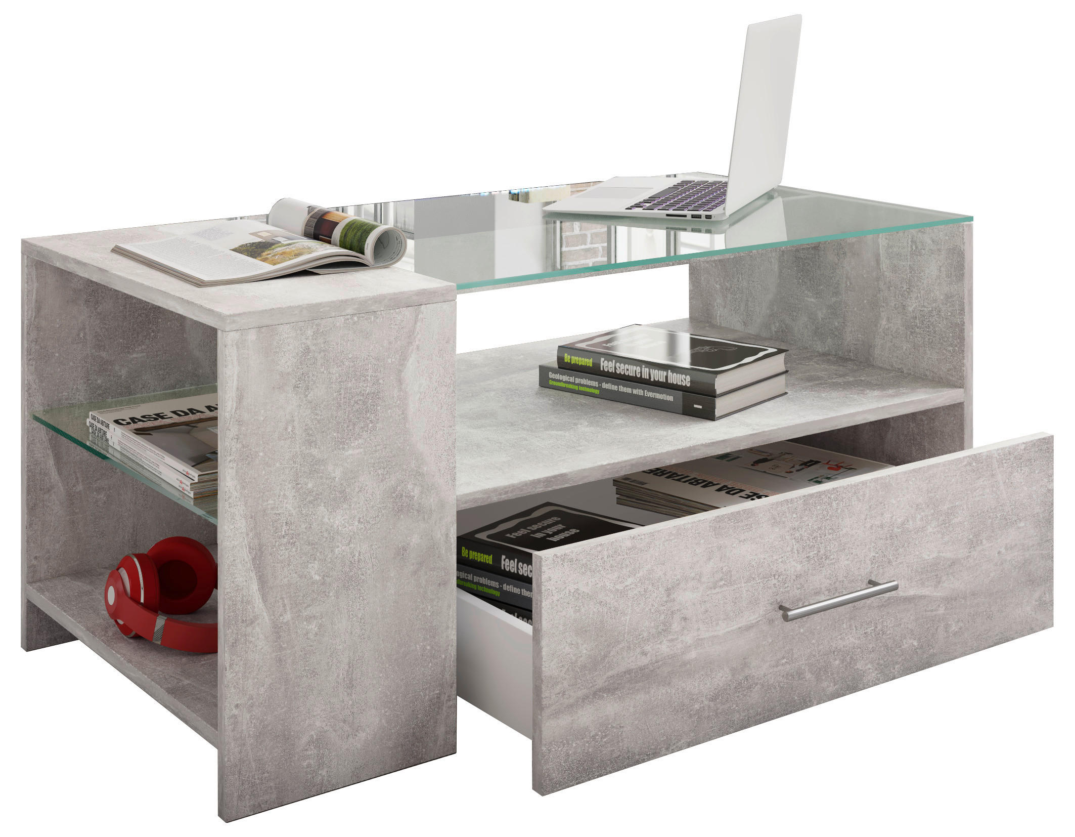 Couchtisch Mit Stauraum Und Glasplatte Tindala Betonoptik