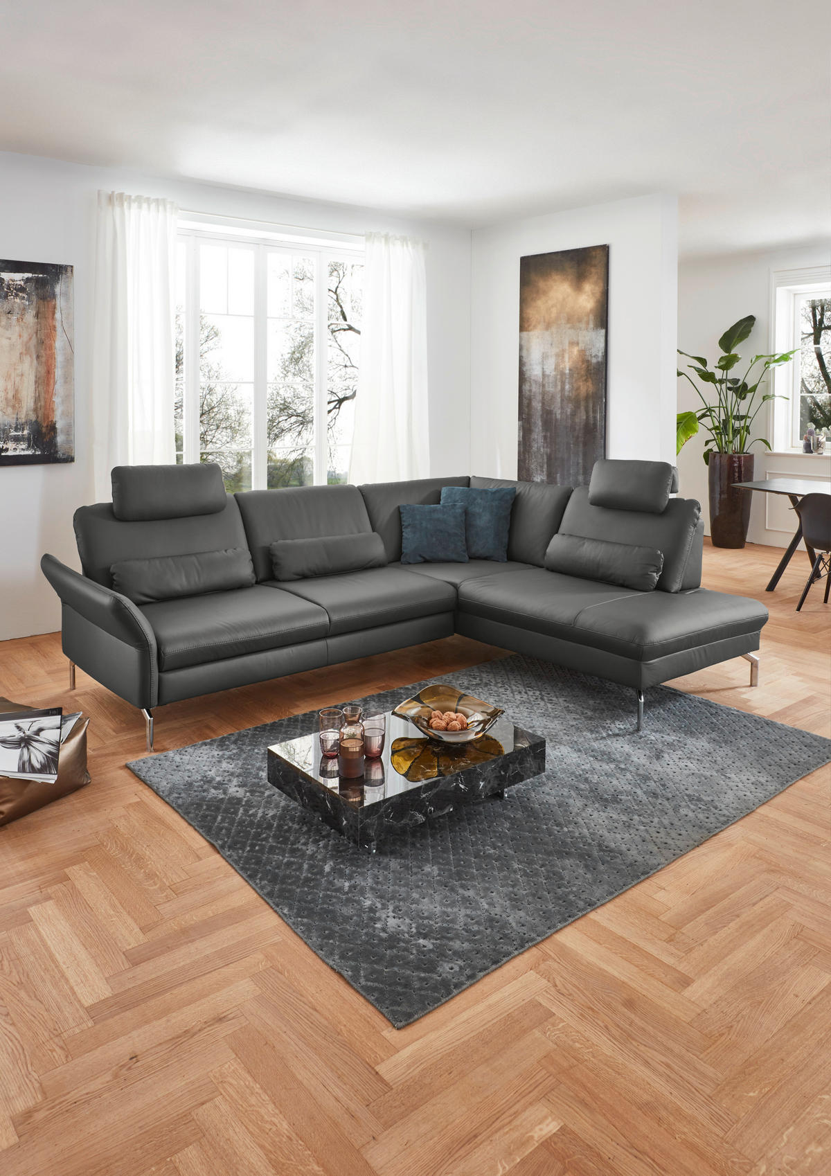 ECKSOFA in Echtleder Anthrazit  284/220 cm  - Anthrazit/Alufarben, KONVENTIONELL, Leder/Metall (284/220cm) - Beldomo Premium