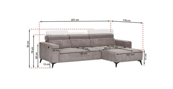 ECKSOFA Taupe Cord Rücken echt, Kopfteilverstellung, Sitzvorzug  - Taupe/Schwarz, KONVENTIONELL, Textil/Metall (257/170cm) - Carryhome