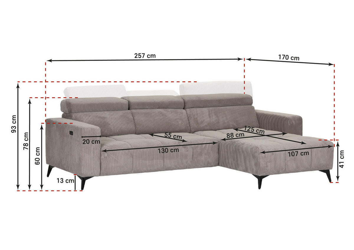 ECKSOFA Taupe Cord Rücken echt, Kopfteilverstellung, Sitzvorzug  - Taupe/Schwarz, KONVENTIONELL, Textil/Metall (257/170cm) - Carryhome