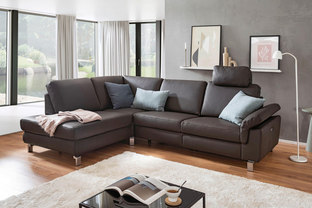 ECKSOFA  in Echtleder Dunkelbraun  200/271 cm  - Chromfarben/Dunkelbraun, Design, Leder/Metall (200/271cm) - Pure Home Lifestyle