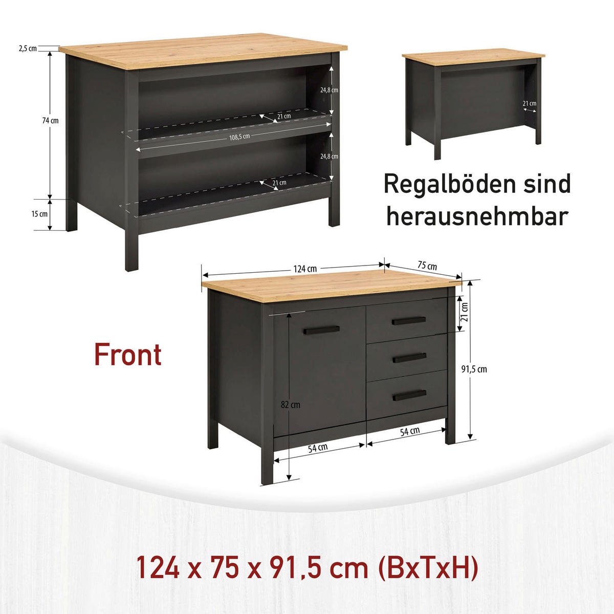 KÜCHENINSEL 124/91/75 cm  in Anthrazit, Eiche Artisan  - Anthrazit/Schwarz, MODERN, Holzwerkstoff/Metall (124/91/75cm) - home24