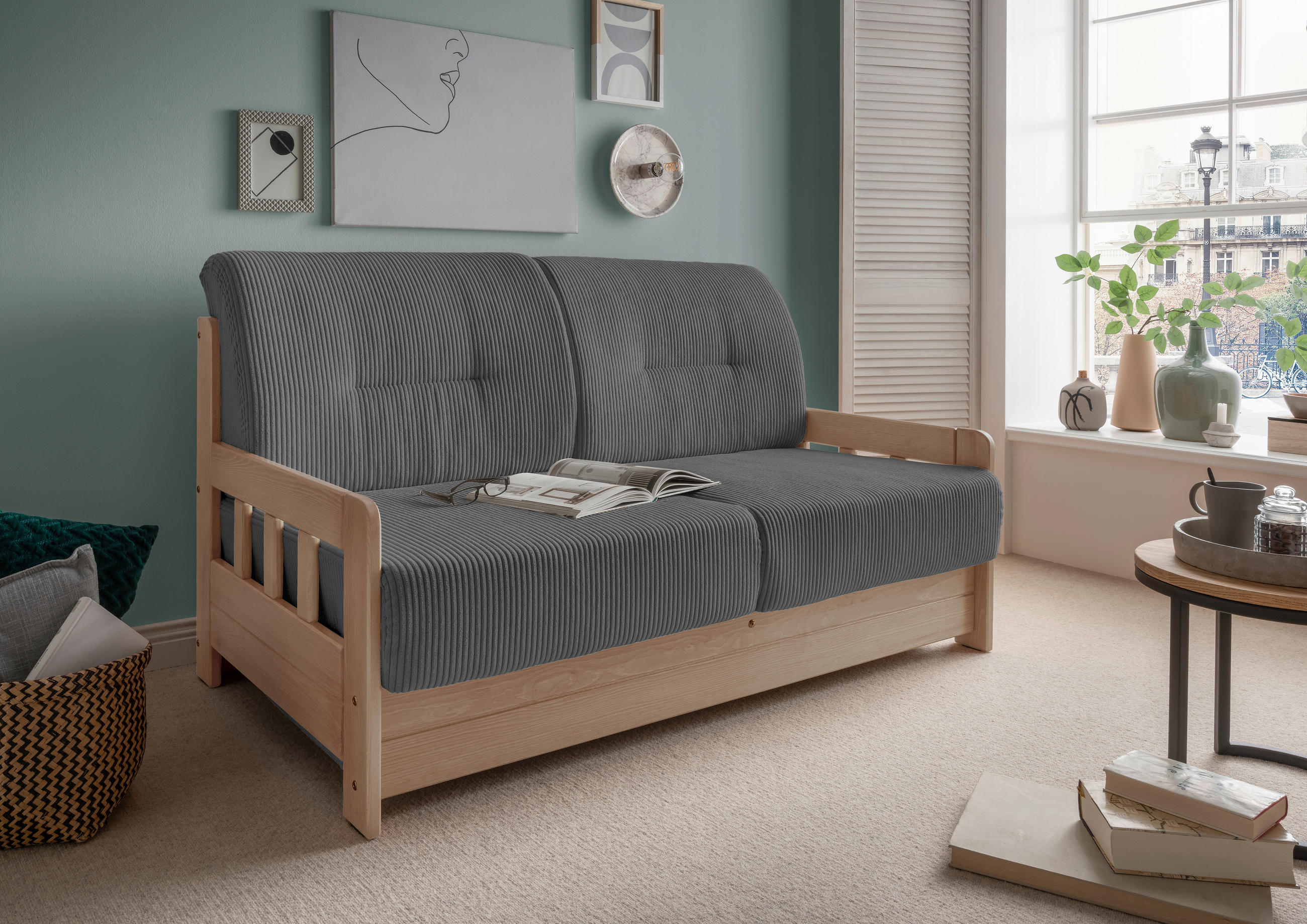 SCHLAFSOFA in Textil Grau, Naturfarben  - Naturfarben/Grau, Modern, Holz/Textil (154/88/90cm) - Livetastic