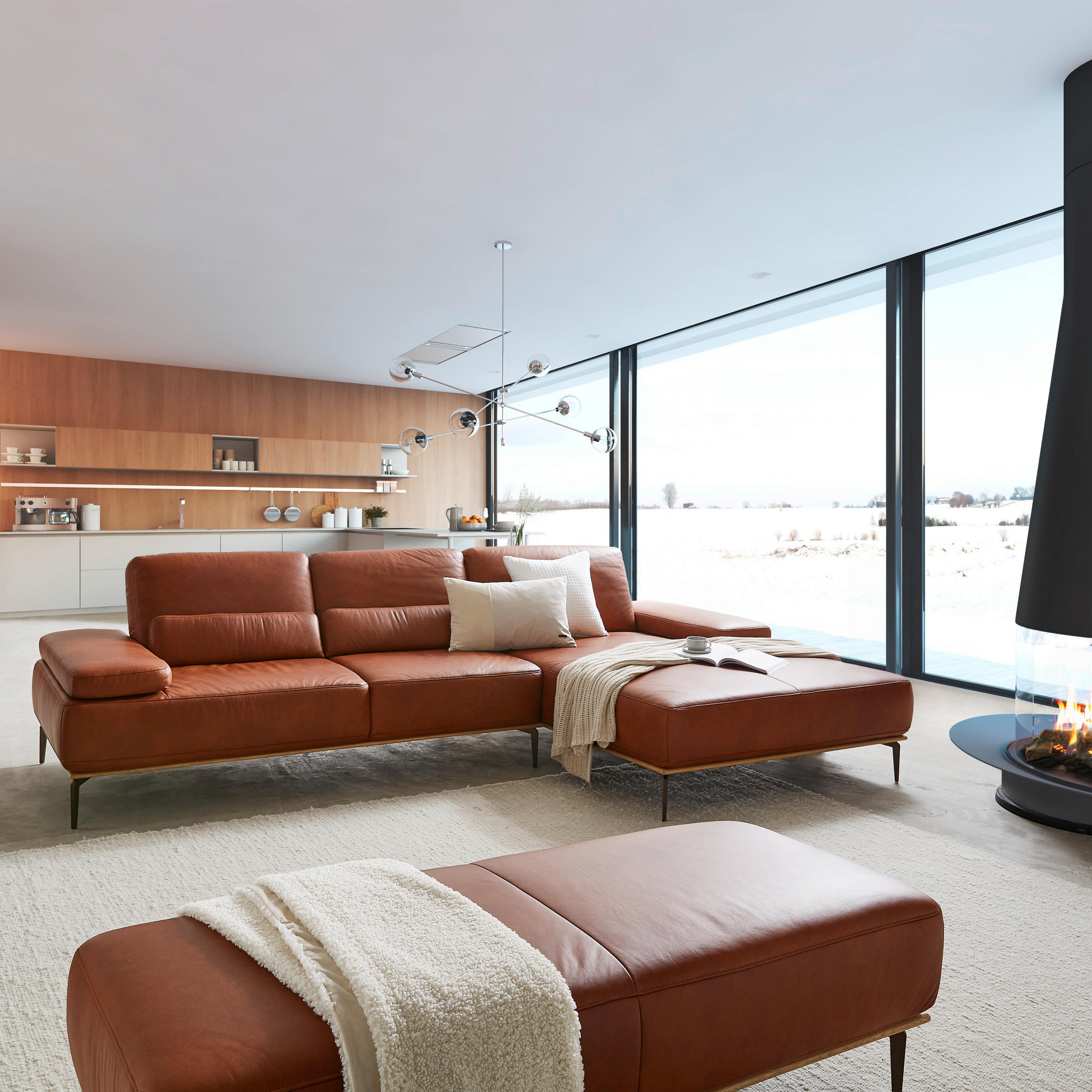 ECKSOFA in Echtleder Cognac  - Cognac/Bronzefarben, Design, Leder/Holz (314/176cm) - Valnatura