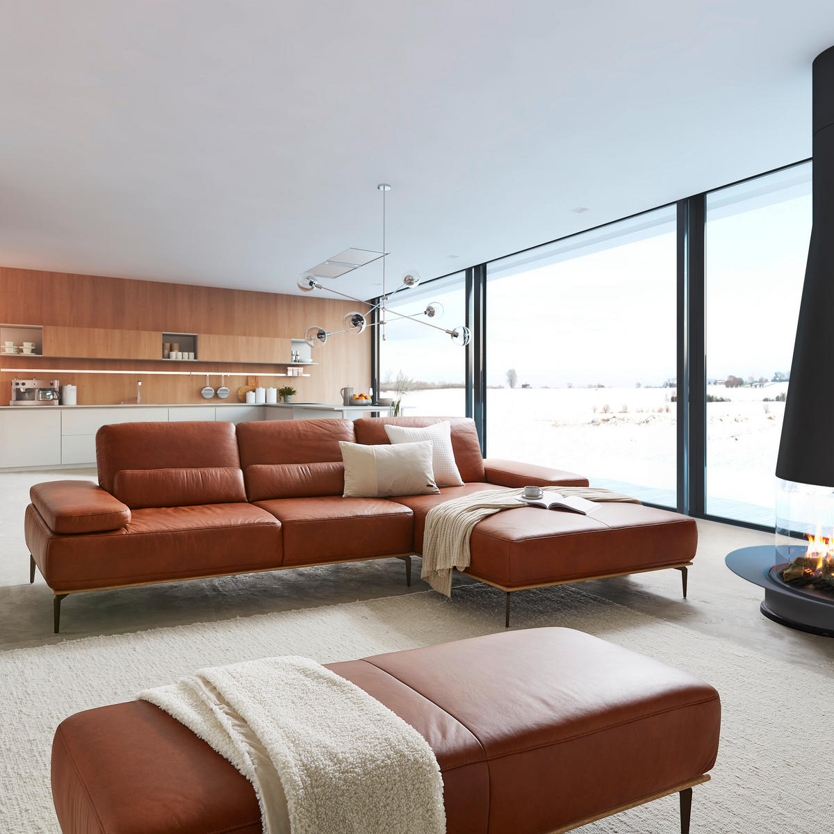 ECKSOFA in Echtleder Cognac  - Cognac/Bronzefarben, Design, Leder/Holz (314/176cm) - Valnatura