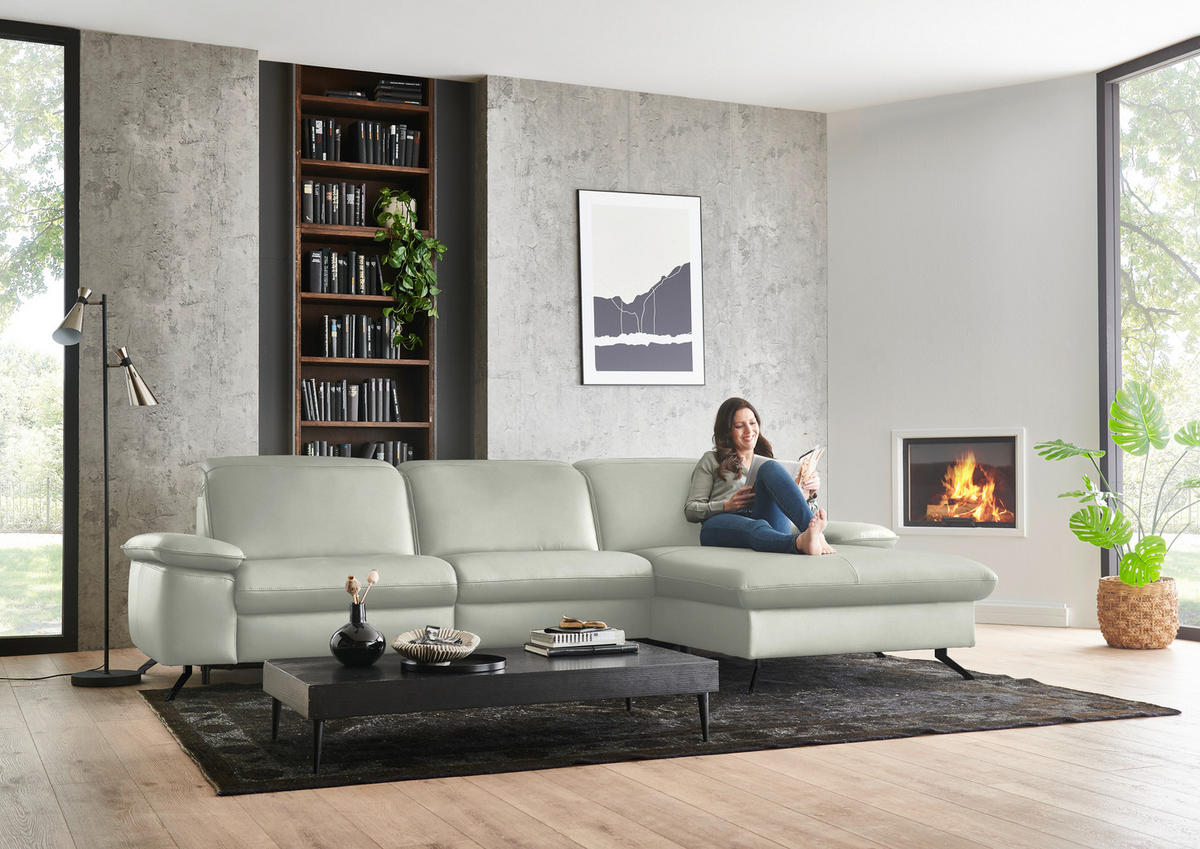 ECKSOFA  Echtleder Silberfarben  - Silberfarben/Schwarz, Design, Leder/Metall (307/169cm) - Beldomo Premium
