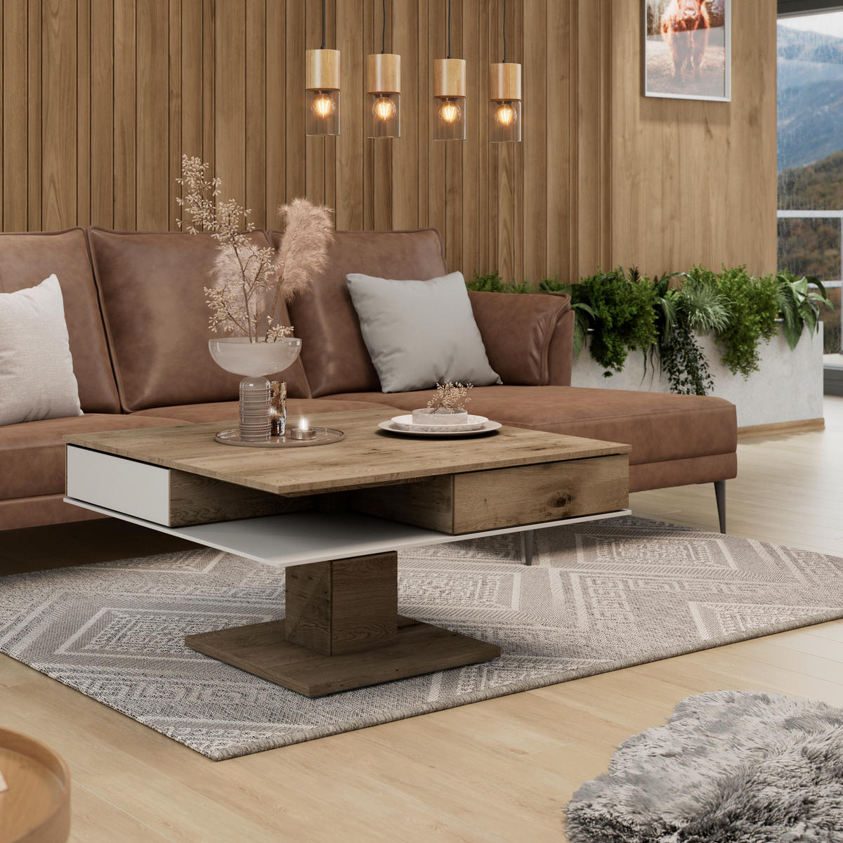 COUCHTISCH in Holz, Glas 90/90/38,3-74,3 cm  - Weiss/Eichefarben, Design, Glas/Holz (90/90/38,3-74,3cm) - Voglauer