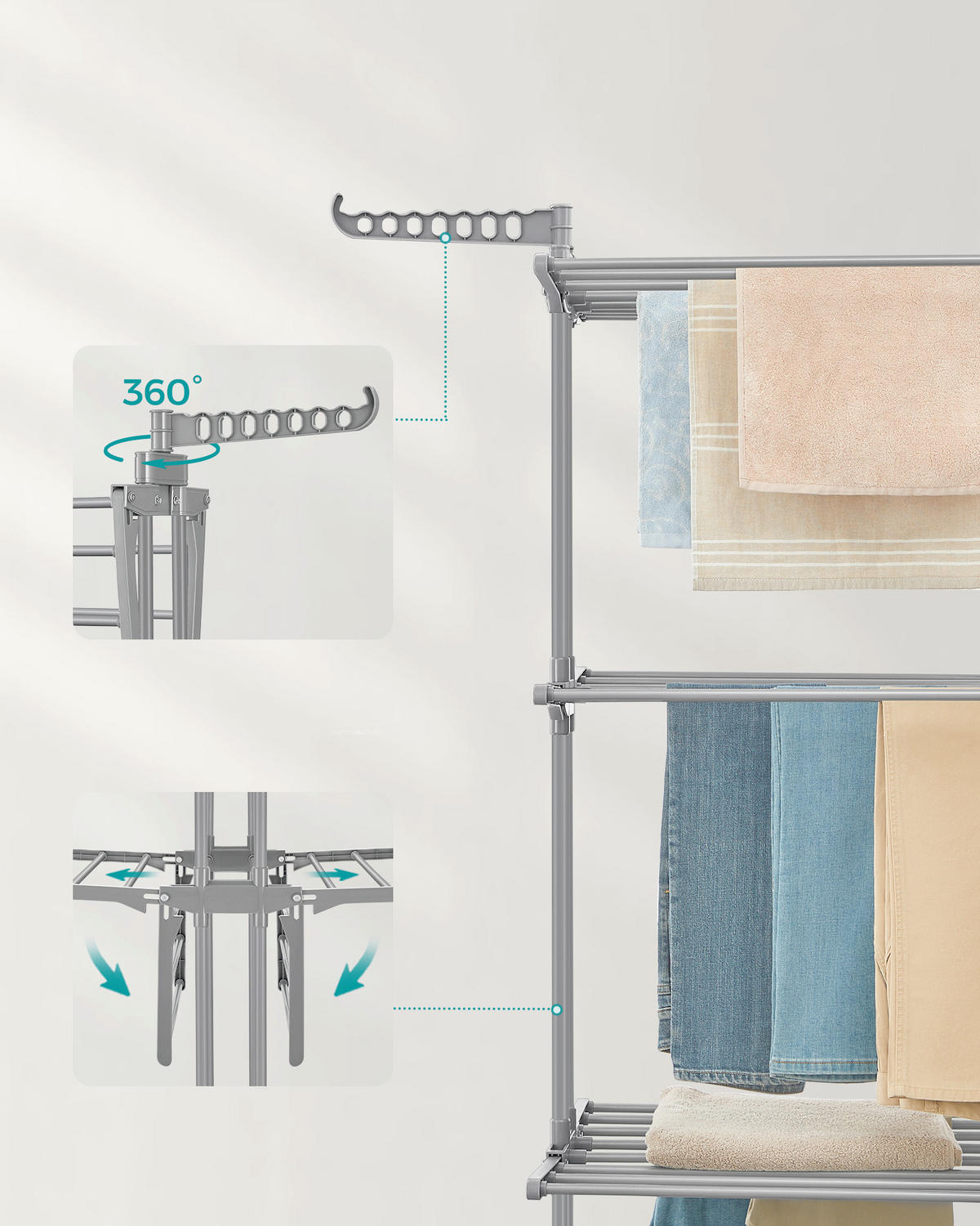 SUŠIAK NA BIELIZEŇ - sivá, Basics, kov/plast (76/173/49cm)