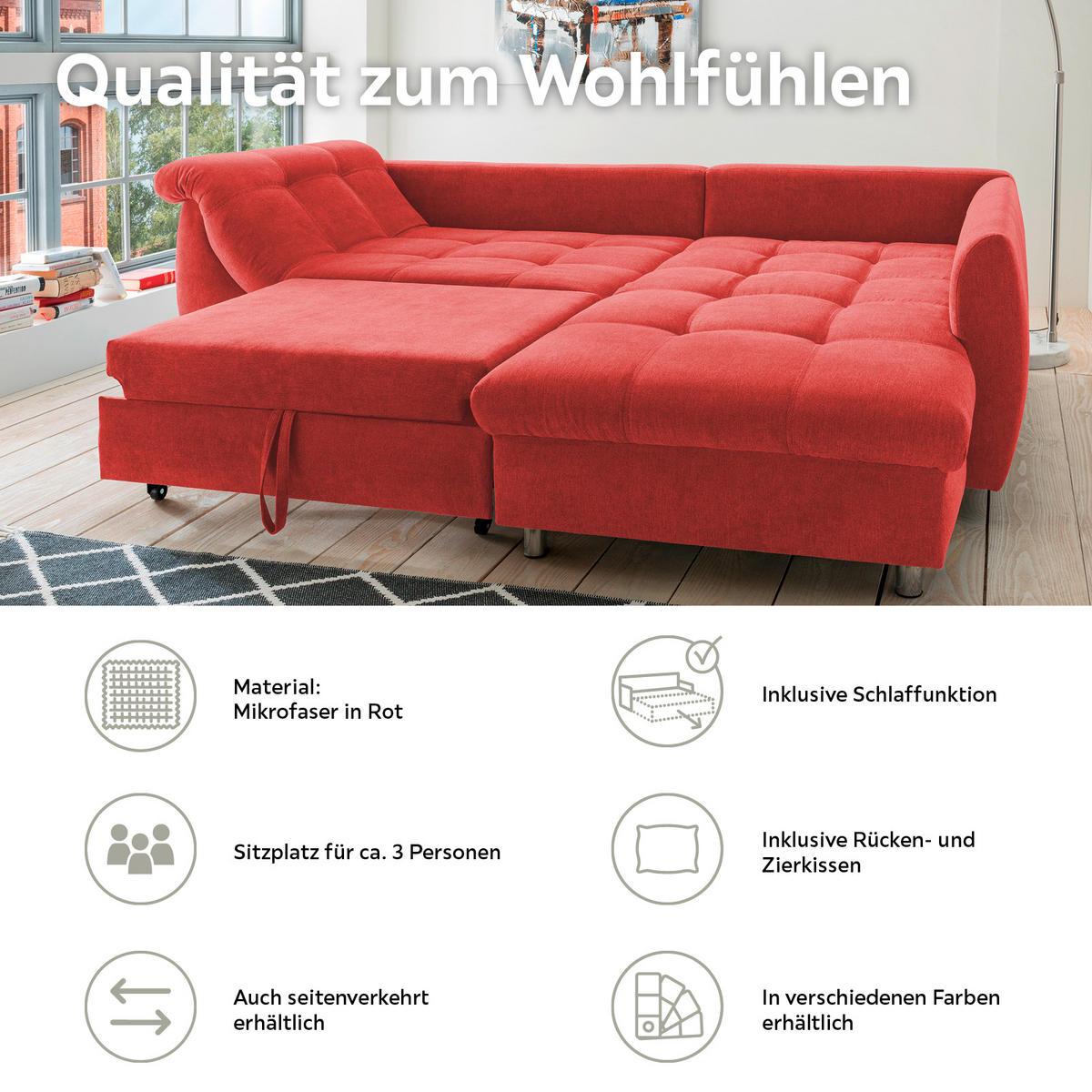 ECKSOFA Rot Mikrofaser  - Chromfarben/Rot, Design, Kunststoff/Textil (250/190cm) - Livetastic