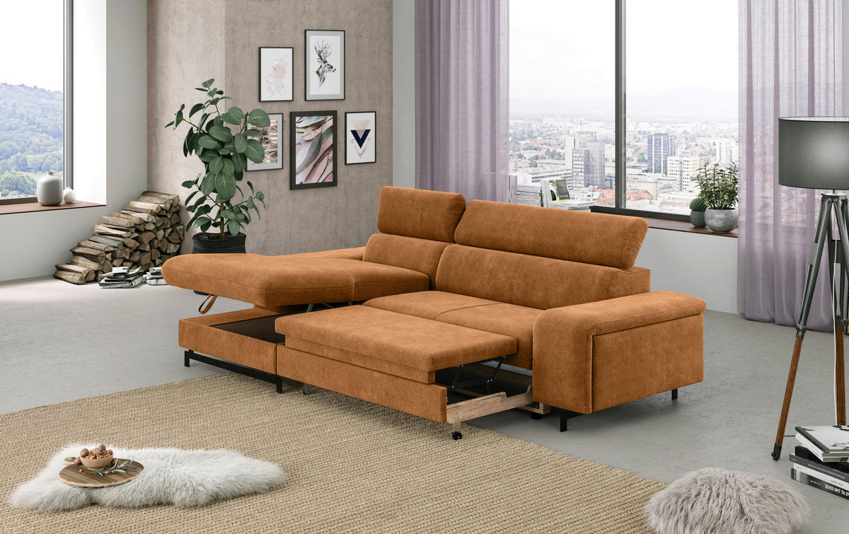 Ecksofa mit Bettkasten Emma in Chenille Cognac  - Cognac/Schwarz, Textil/Metall (165/267cm) - MID.YOU