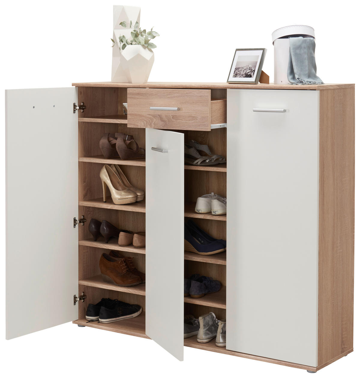 OMARA ZA ČEVLJE bela, hrast sonoma - srebrne barve/bela, Design, umetna masa/leseni material (136/118/36cm) - Carryhome