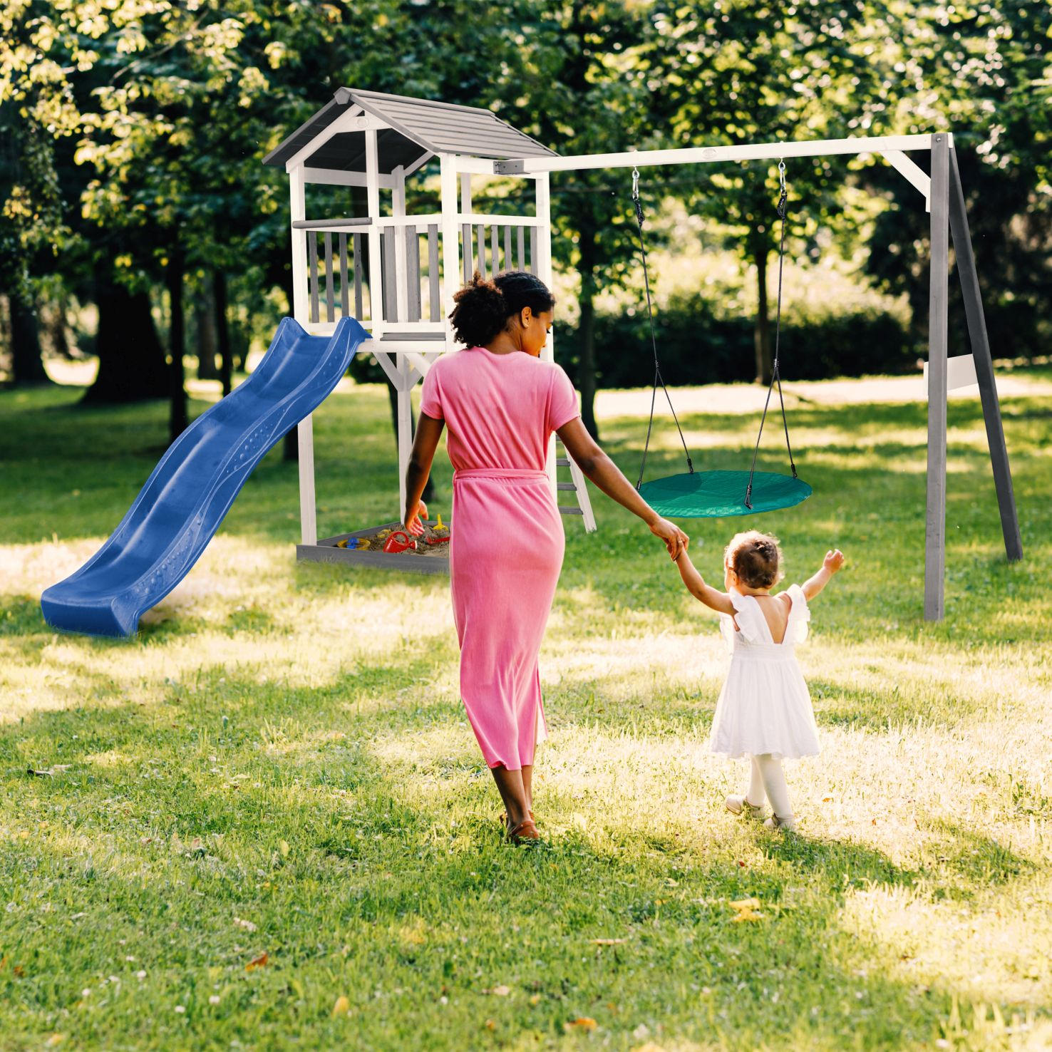 SPIELTURM 356,60/241.9/349 cm Beach Tower Climbeing & Nest Swing  - Blau/Weiß, Basics, Holz (356,60/241.9/349cm) - Ambia Garden