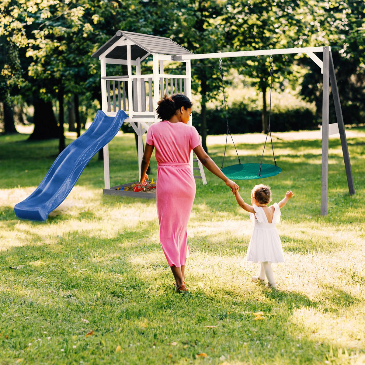 SPIELTURM 356,60/241.9/349 cm Beach Tower Climbeing & Nest Swing  - Blau/Weiß, Basics, Holz (356,60/241.9/349cm) - Ambia Garden
