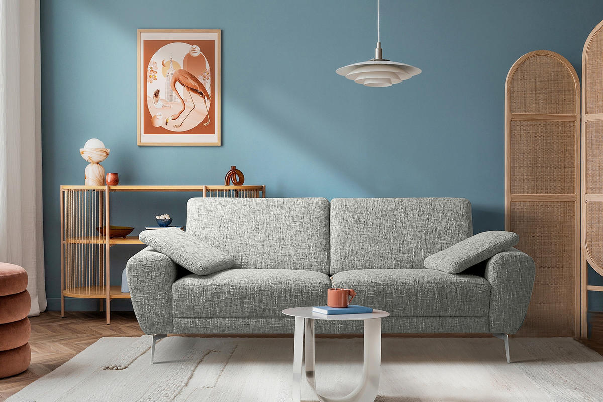 3-SITZER-SOFA Webstoff Grau  - Chromfarben/Grau, Design, Textil/Metall (187/85/92cm) - Livetastic