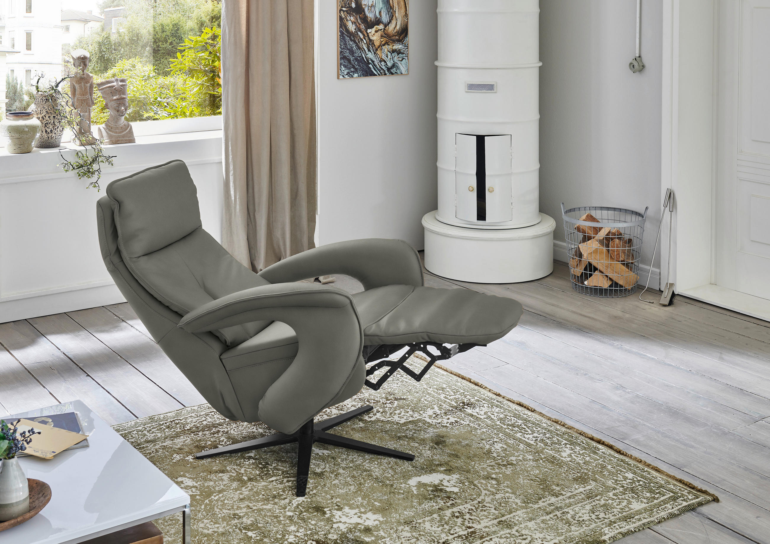 RELAXSESSEL in Leder Grau  - Schwarz/Grau, Design, Leder/Metall (77/119/87cm) - Valdera