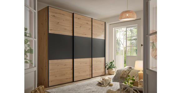 SCHWEBETÜRENSCHRANK 280/222/68 cm 3-türig  - Anthrazit/Schwarz, Holzwerkstoff/Metall (280/222/68cm) - Moderano