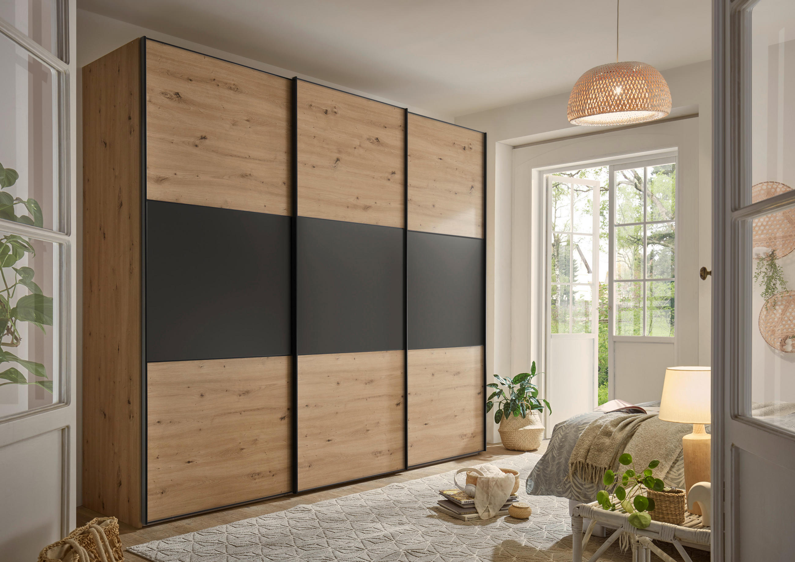 SCHWEBETÜRENSCHRANK in Eiche Artisan, Anthrazit  - Anthrazit/Schwarz, Holzwerkstoff/Metall (249/222/68cm) - Moderano