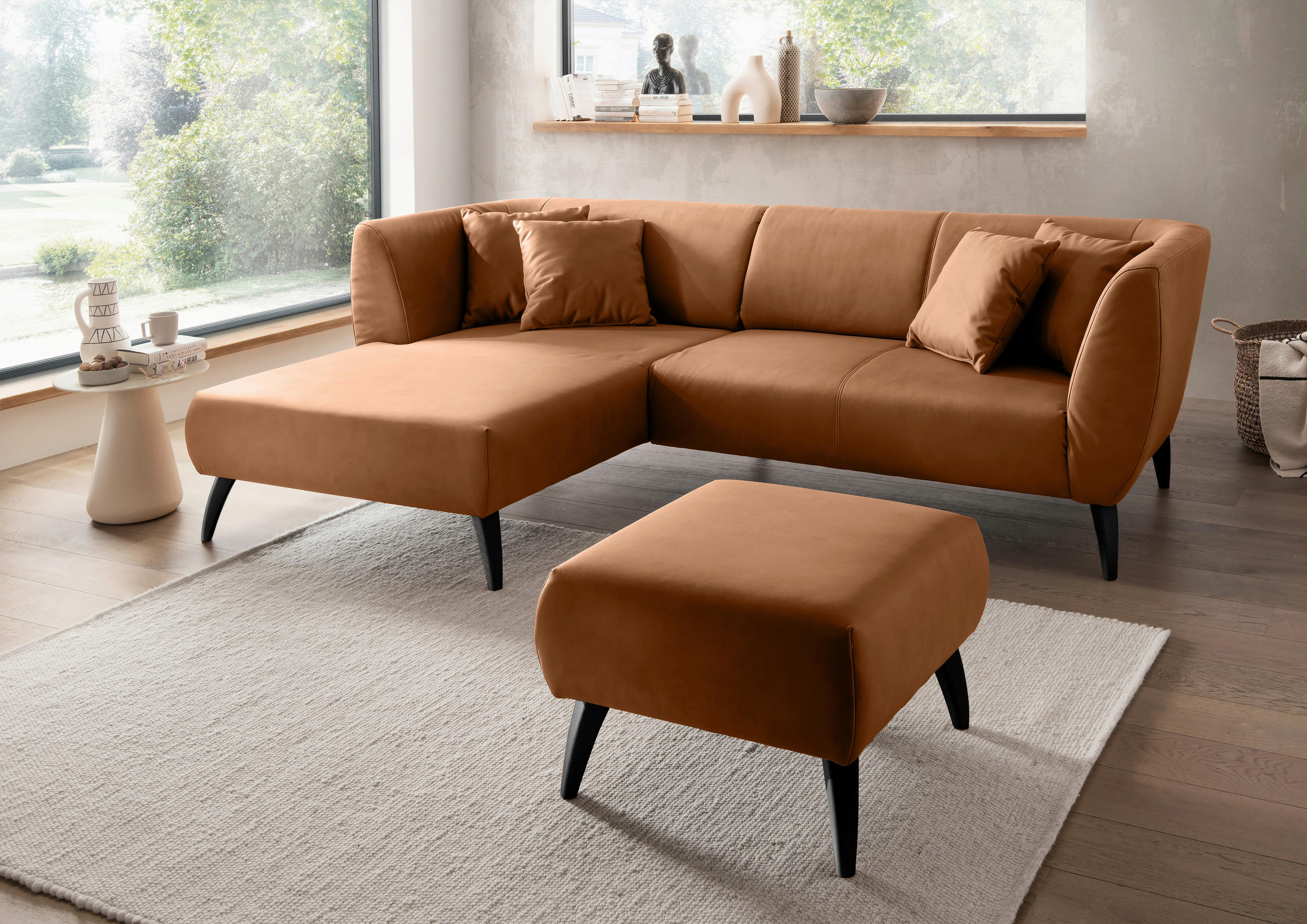 ECKSOFA Cognac Lederlook  - Cognac/Schwarz, MODERN, Holz/Textil (160/264cm) - Livetastic