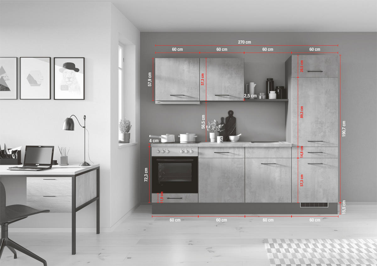 KÜCHENBLOCK 270 cm   in Graphitfarben, Grau  - Schwarz/Graphitfarben, Trend, Holzwerkstoff/Metall (270cm) - Impuls