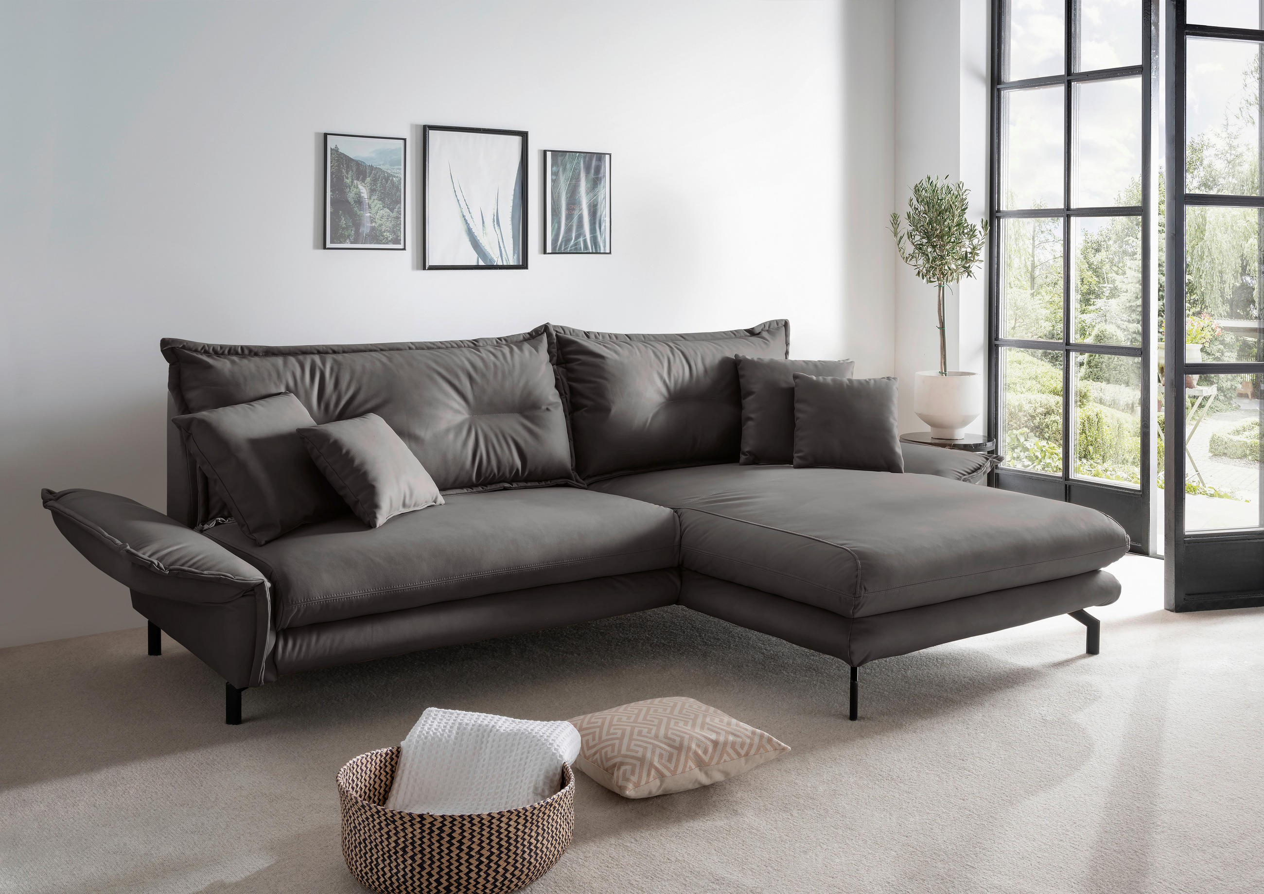ECKSOFA in Lederlook Anthrazit  - Anthrazit/Schwarz, Modern, Textil/Metall (255/180cm) - Livetastic