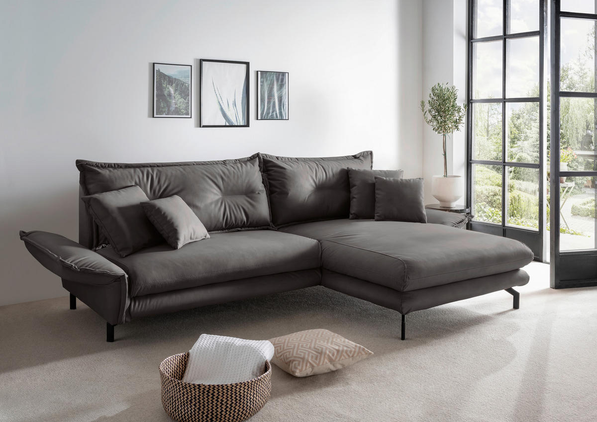 ECKSOFA in Lederlook Anthrazit  - Anthrazit/Schwarz, Modern, Textil/Metall (255/180cm) - Livetastic