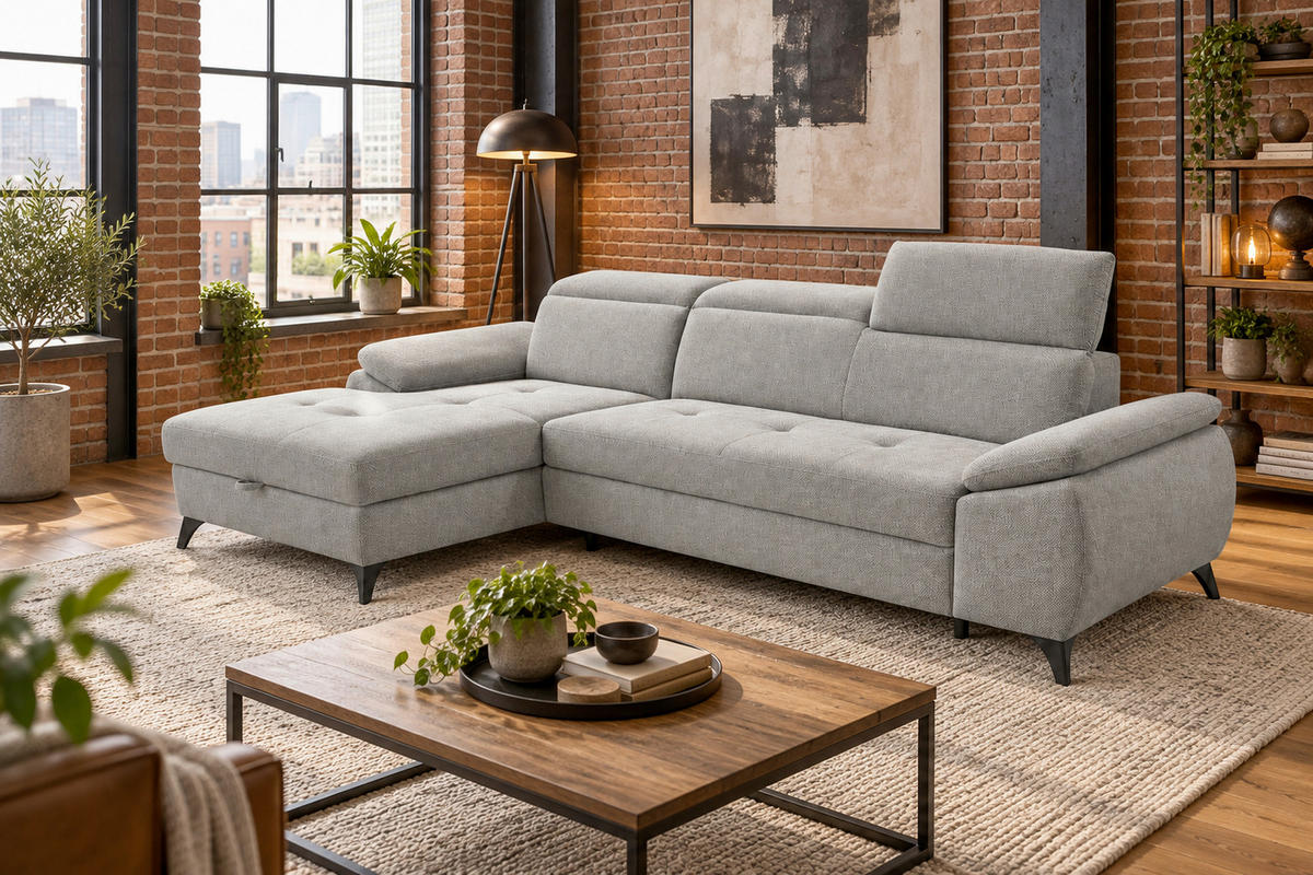 ECKSOFA TAOS Hellgrau Struktur Bettkasten, Rücken echt, Kopfteilverstellung, Stauraum  - Hellgrau/Schwarz, Basics, Holz/Textil (281/166cm) - MID.YOU