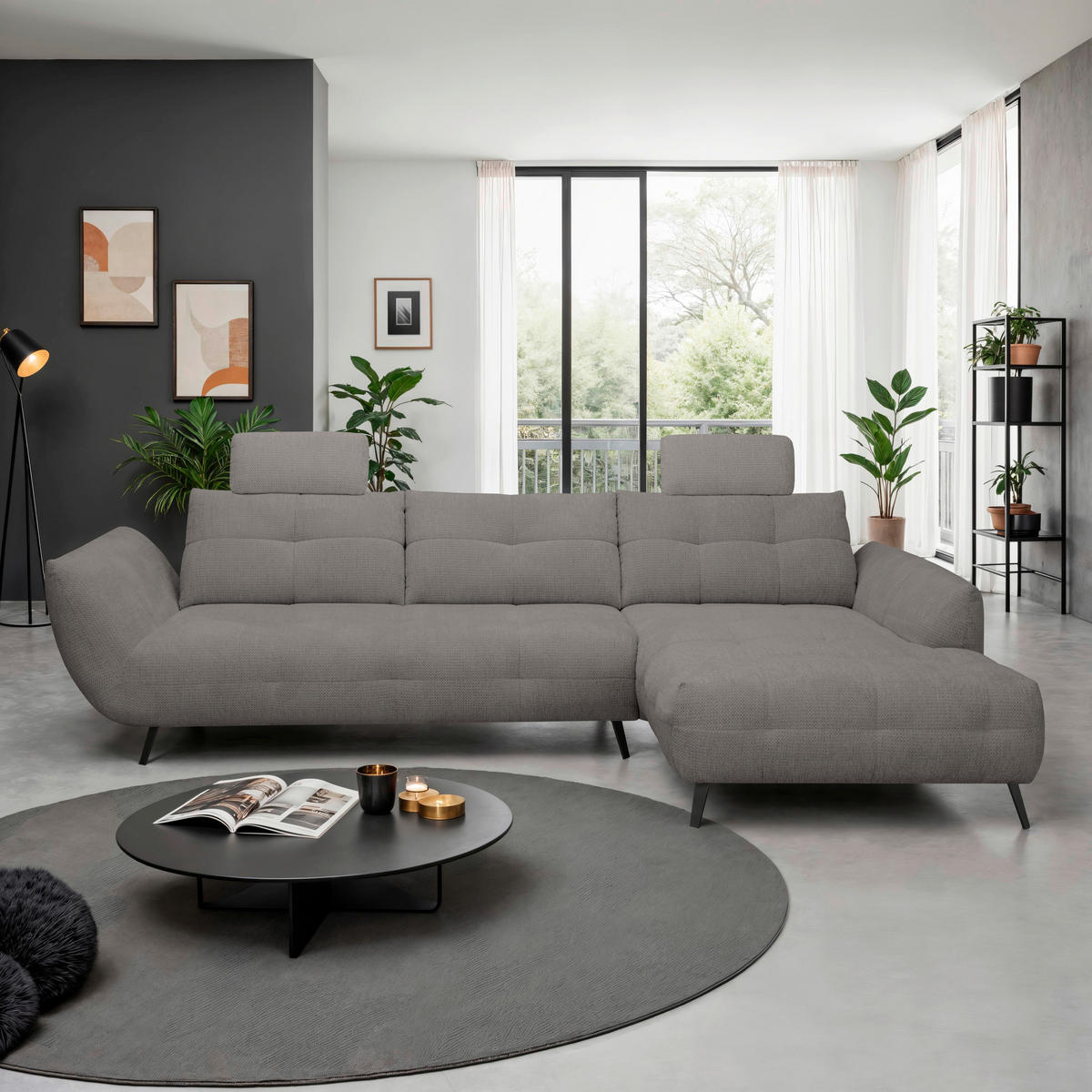 ECKSOFA Graubraun Chenille Armlehnenkissen, Rücken echt, Sitztiefenverstellung  - Graubraun/Schwarz, KONVENTIONELL, Textil/Metall (313/215cm) - Hom`in