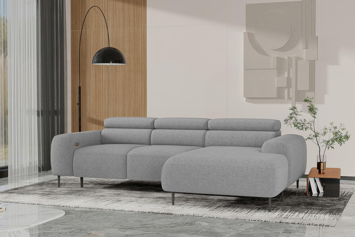 ECKSOFA Hellgrau Struktur Rücken echt, Kopfteilverstellung, Sitztiefenverstellung  - Hellgrau/Schwarz, MODERN, Textil/Metall (274/179cm) - Welnova