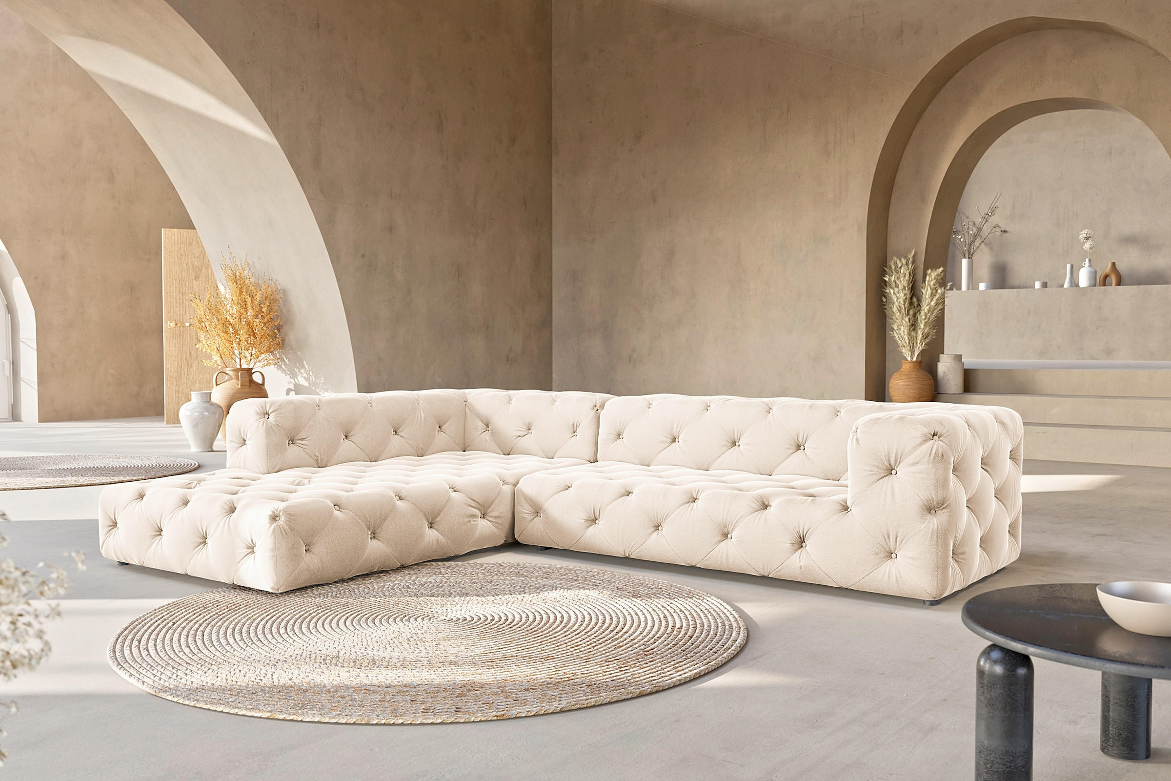 ECKSOFA Fresco in Samt Creme  228/325 cm  - Creme/Schwarz, Design, Kunststoff/Textil (228/325cm) - P & B