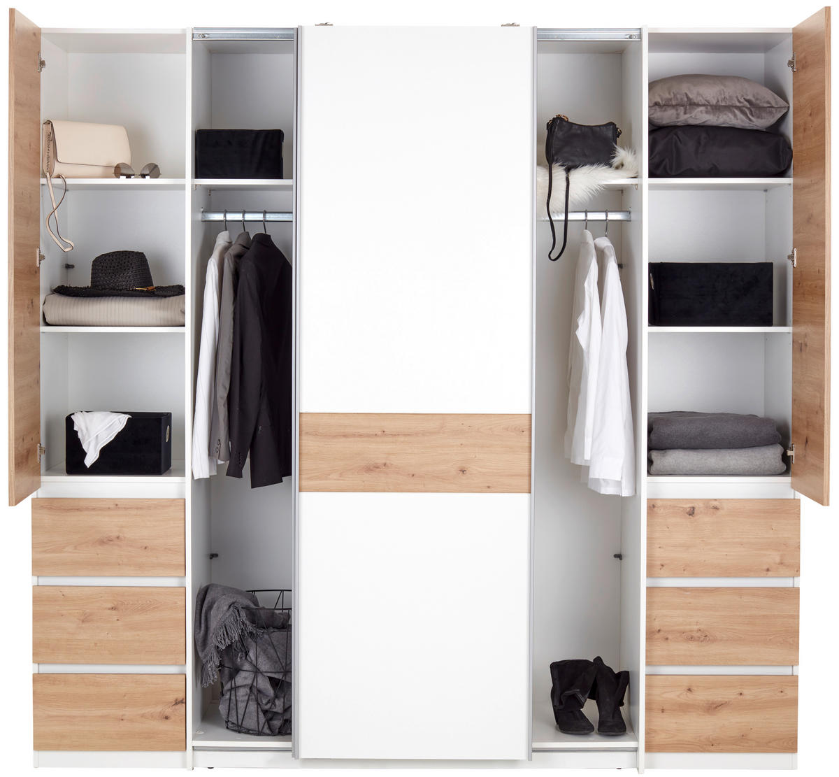 DREHTÜRENSCHRANK 215/215/61,9 cm,  in Weiß, Eiche Artisan, 4-türig  - Chromfarben/Eiche Artisan, KONVENTIONELL, Holzwerkstoff (215/215/61,9cm)