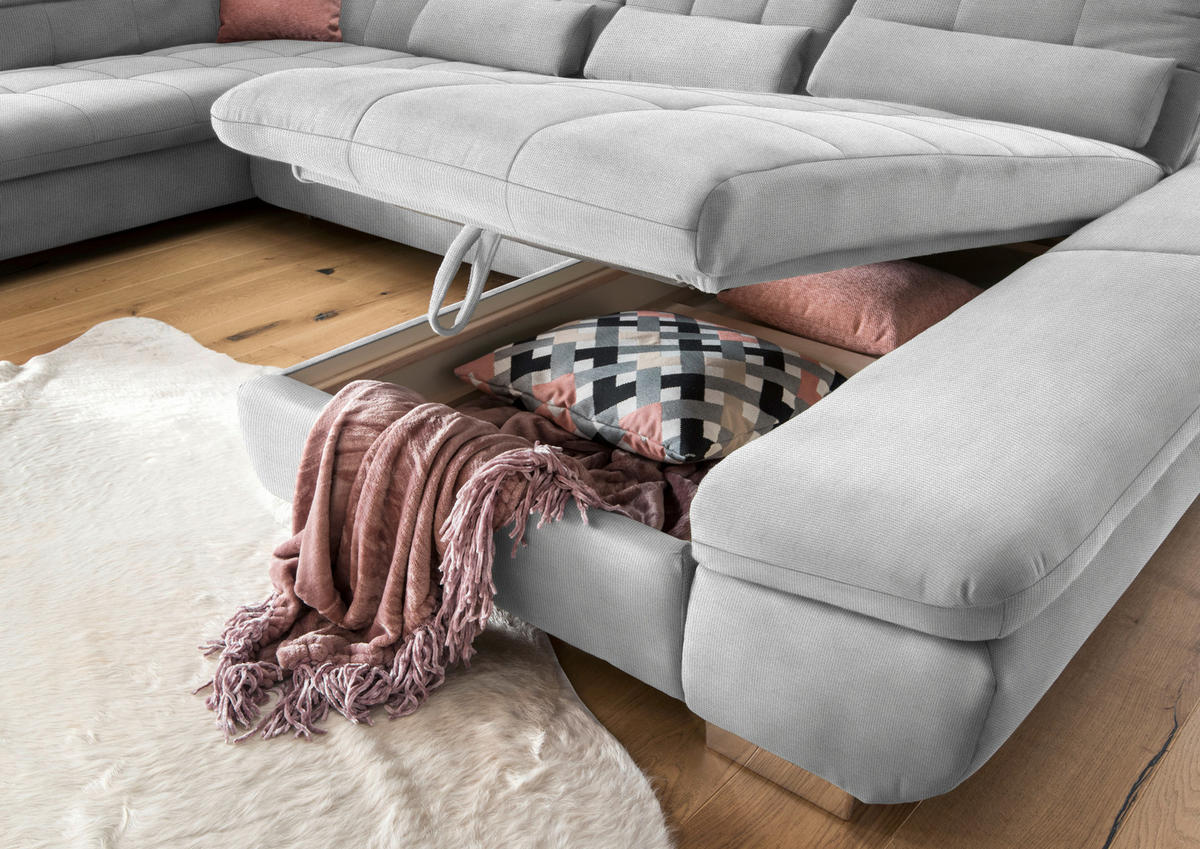 WOHNLANDSCHAFT in Mikrofaser Hellgrau  - Chromfarben/Hellgrau, Design, Kunststoff/Textil (211/350/204cm) - Xora