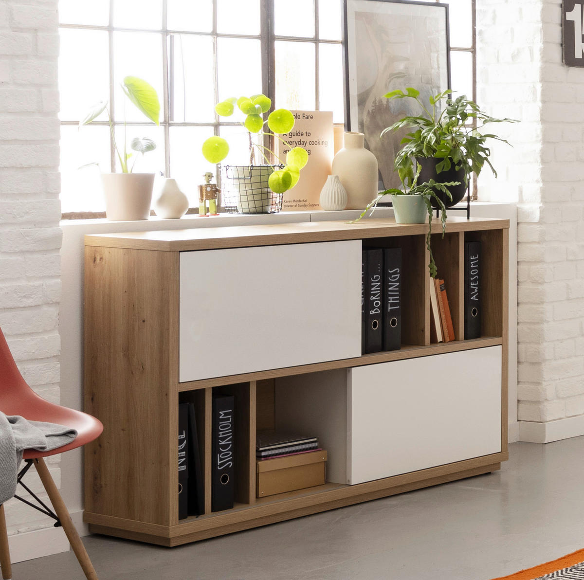 AKTENSCHRANK 139/84/35,5 cm  - Weiss Hochglanz/Eiche Artisan, Design, Holzwerkstoff (139/84/35,5cm) - Stylife