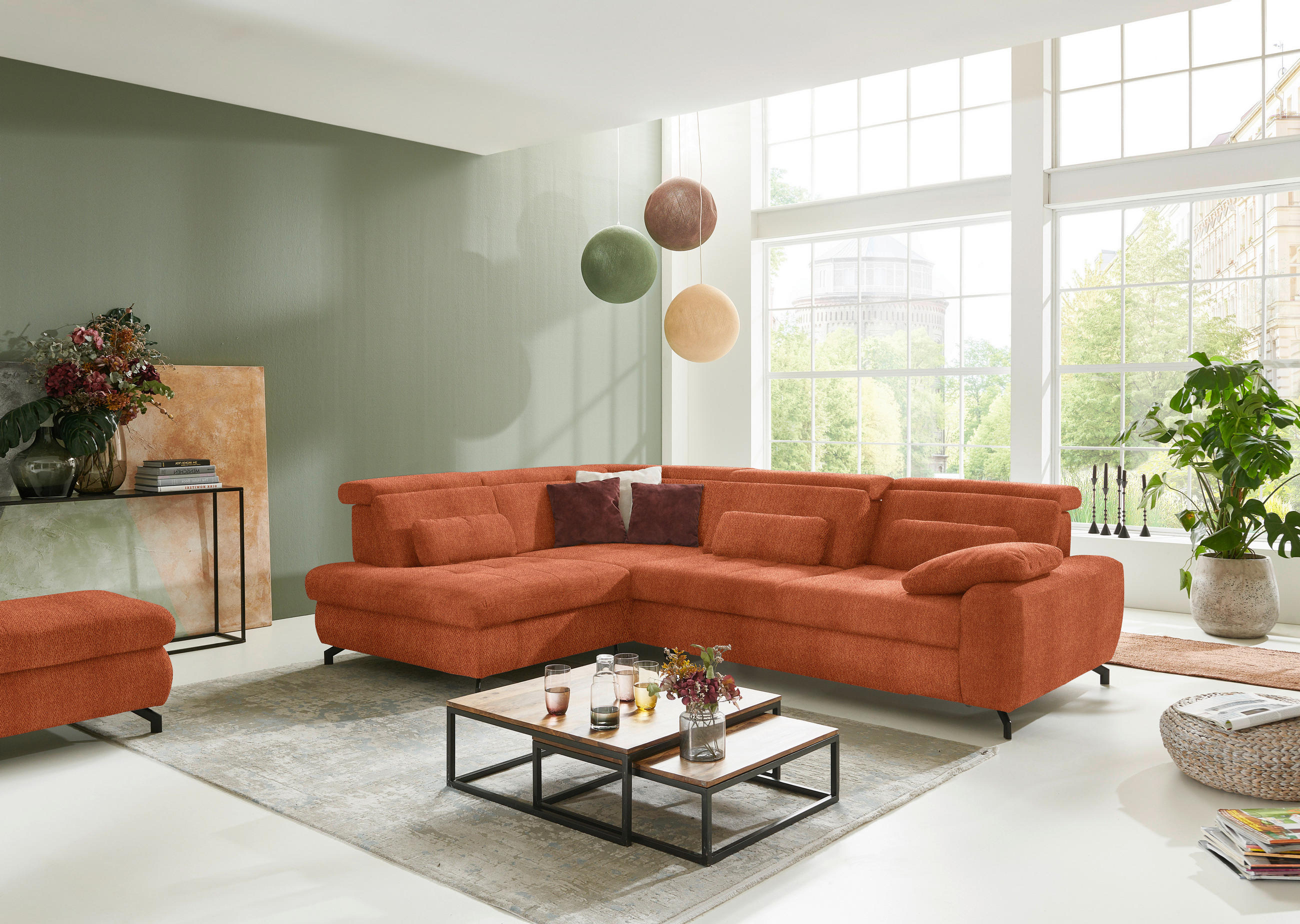 Thumbnail - Beldomo Style Ecksofa, Terracotta, Textil, 3-Sitzer, Ottomane links, L-Form, 310x220 cm, Fußauswahl, Lederauswahl, Stoff...