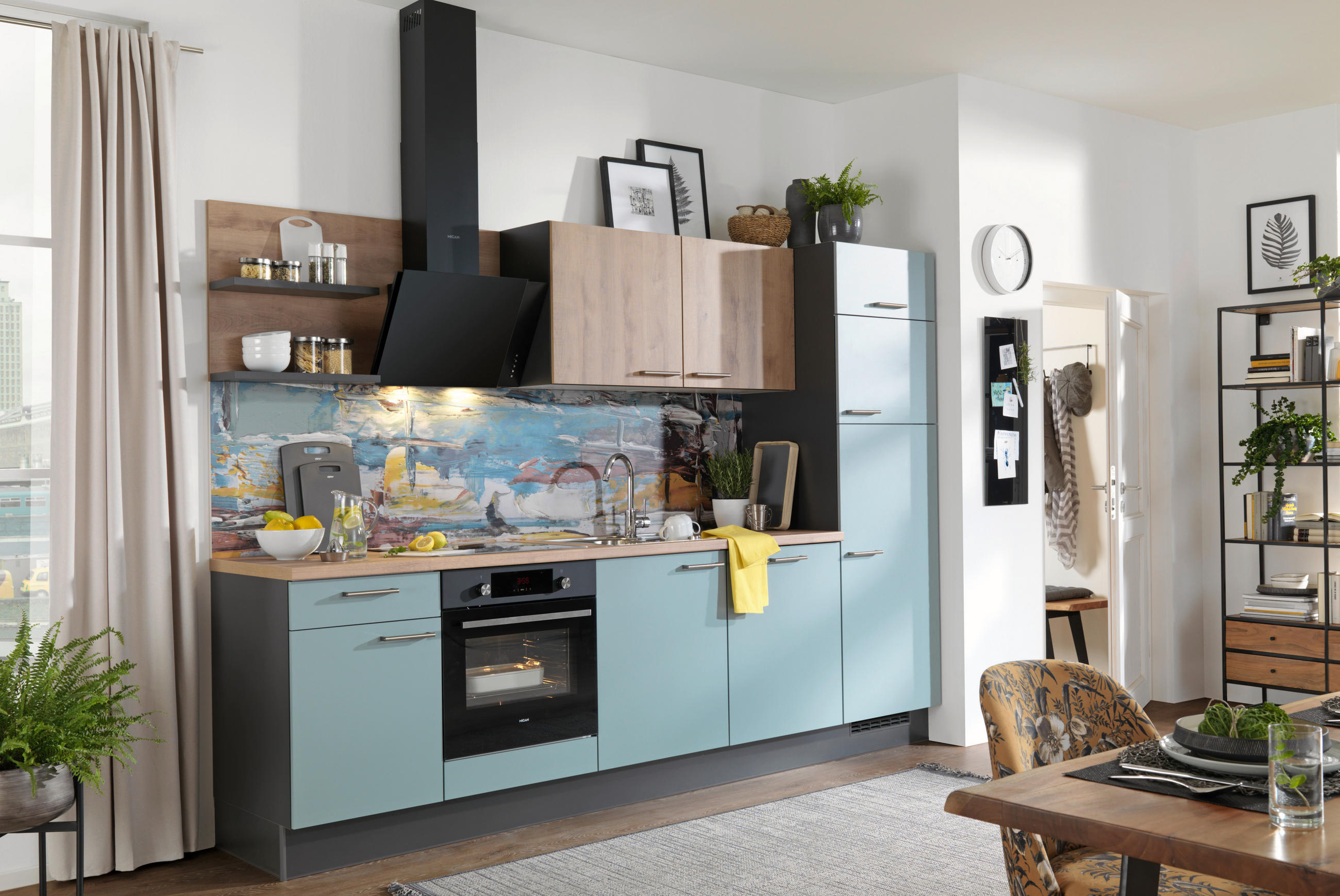 EINBAUKÜCHE  290 cm  - Edelstahlfarben/Eichefarben, Design, Holzwerkstoff/Metall (290cm) - Xora