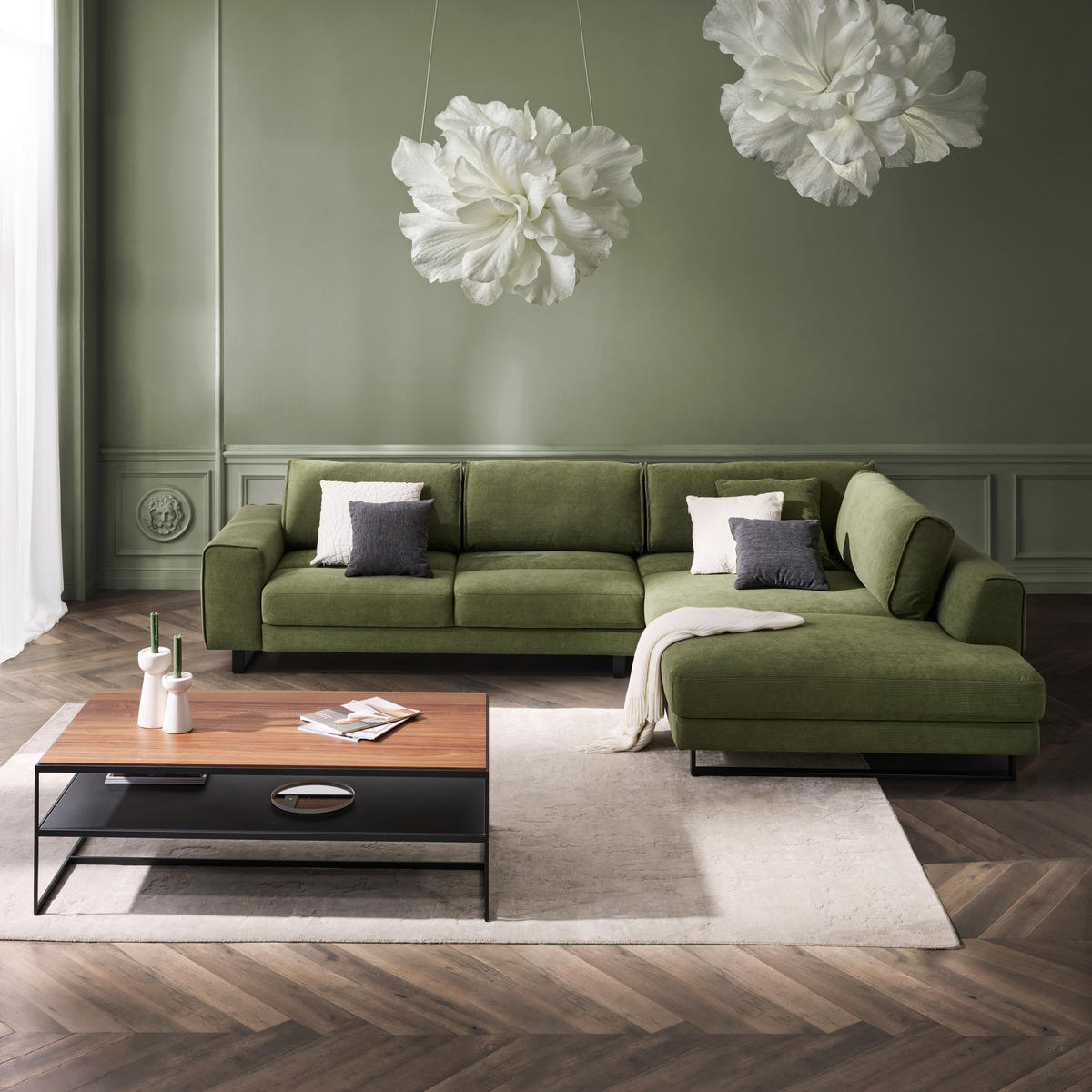 ECKSOFA Cord Olivgrün  - Schwarz/Olivgrün, Design, Textil/Metall (314/211cm) - Sedda