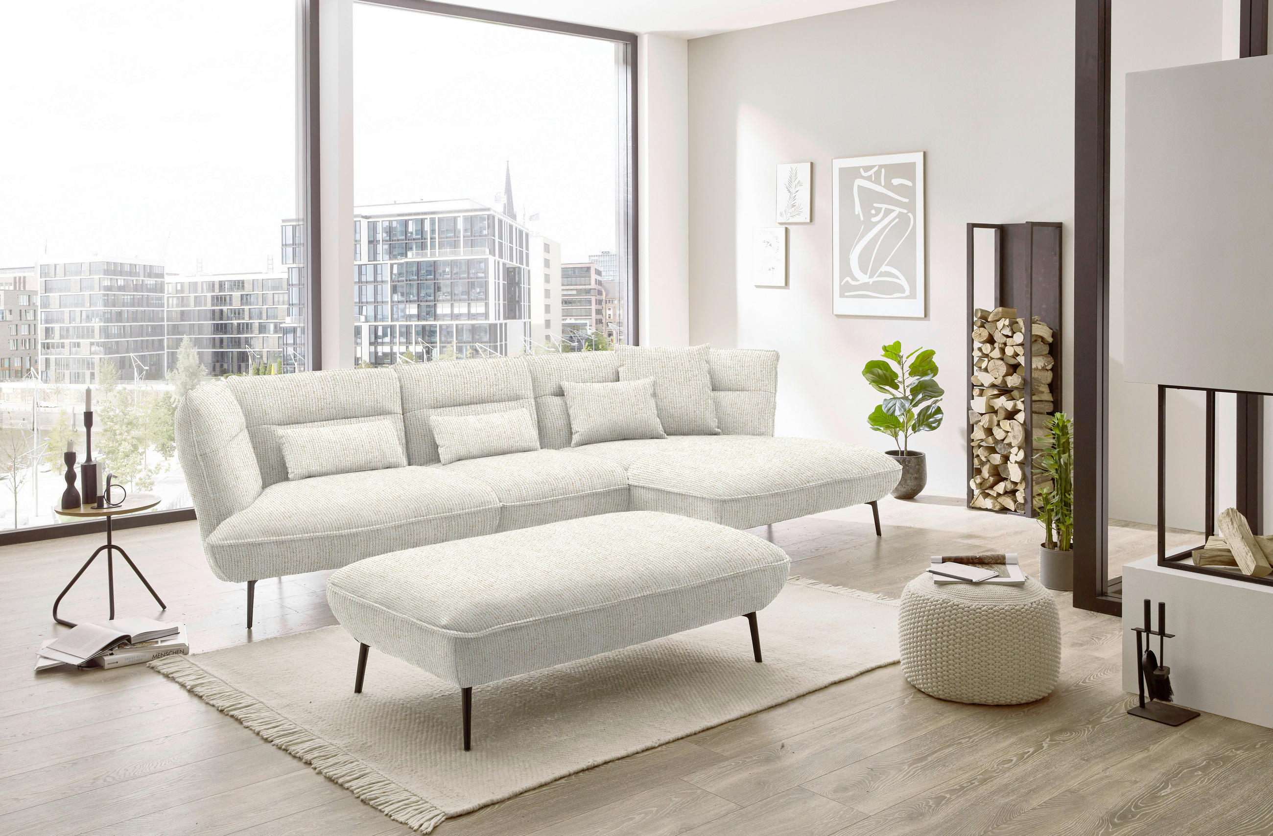ECKSOFA in Flachgewebe Creme  339/153 cm  - Creme/Schwarz, Design, Textil/Metall (339/153cm) - Moderano