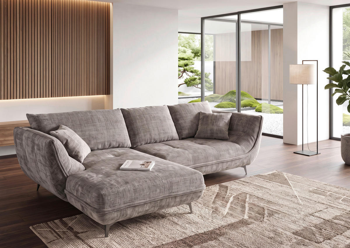 ECKSOFA Lavos Graubraun Chenille Zierkissen, Rückenkissen, Rücken echt  - Graubraun/Schwarz, Design, Textil/Metall (185/296cm) - Lomoco