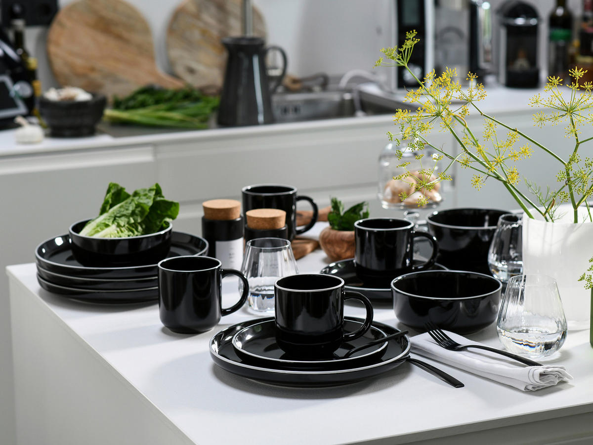 KOMBISERVICE Weiß, Schwarz Hochglanz Nordic Gourmet Schwarz 16-teilig 4 Personen  - Schwarz Hochglanz/Weiß, Basics, Keramik - Creatable