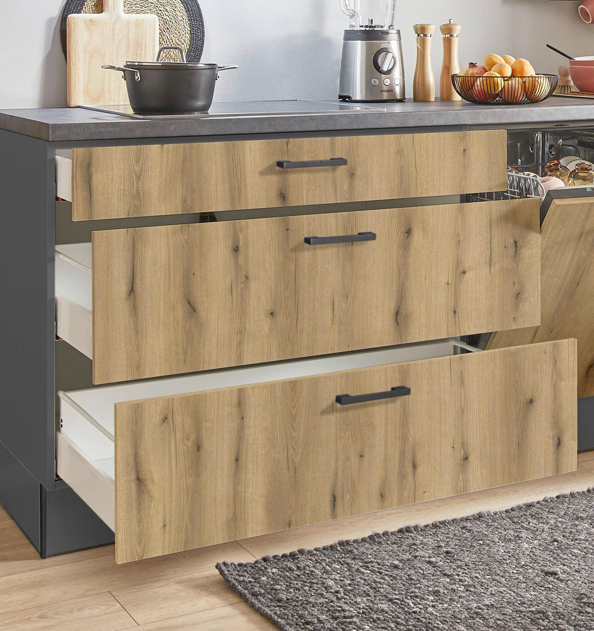 KÜCHENBLOCK PN 100 290 cm  in Graphitfarben, Eichefarben  - Eichefarben/Schwarz, Design, Holzwerkstoff/Metall (290cm) - Pino