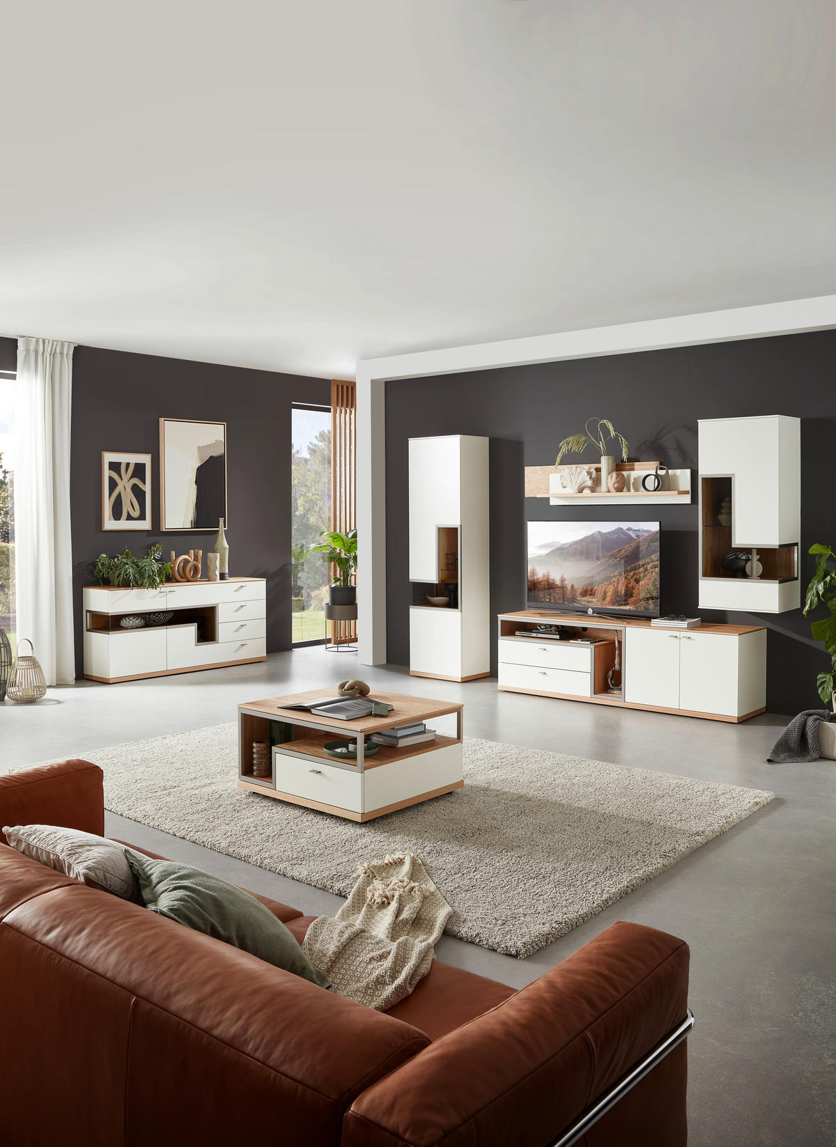 WOHNWAND  in Weiß, Eichefarben  290/218,3/52 cm  - Edelstahlfarben/Eichefarben, Design, Glas/Holz (290/218,3/52cm) - Dieter Knoll