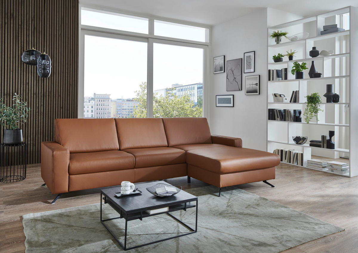 ECKSOFA in Echtleder Cognac  - Cognac/Schwarz, Design, Leder/Metall (267/165cm) - Lomoco