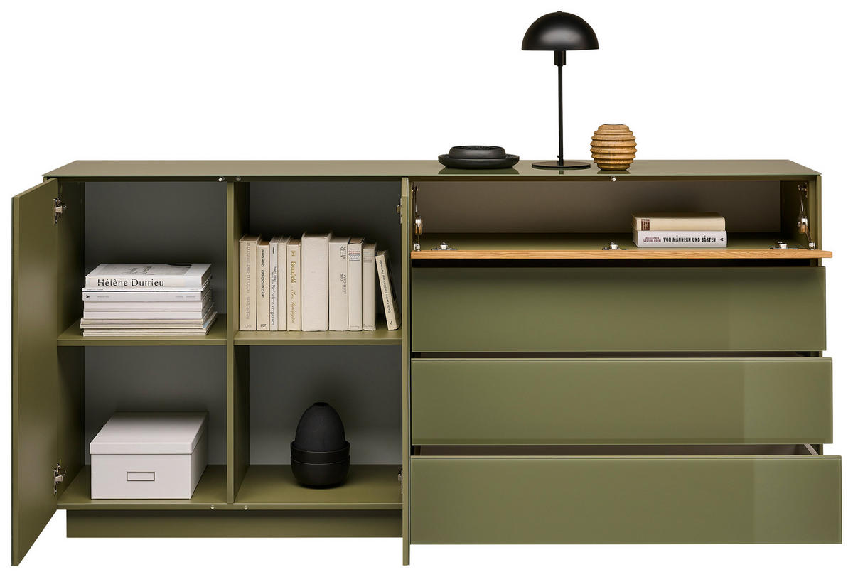 SIDEBOARD Eichefarben, Olivgrün  189/90/42 cm  - Eichefarben/Olivgrün, Design, Glas/Holz (189/90/42cm) - Novel