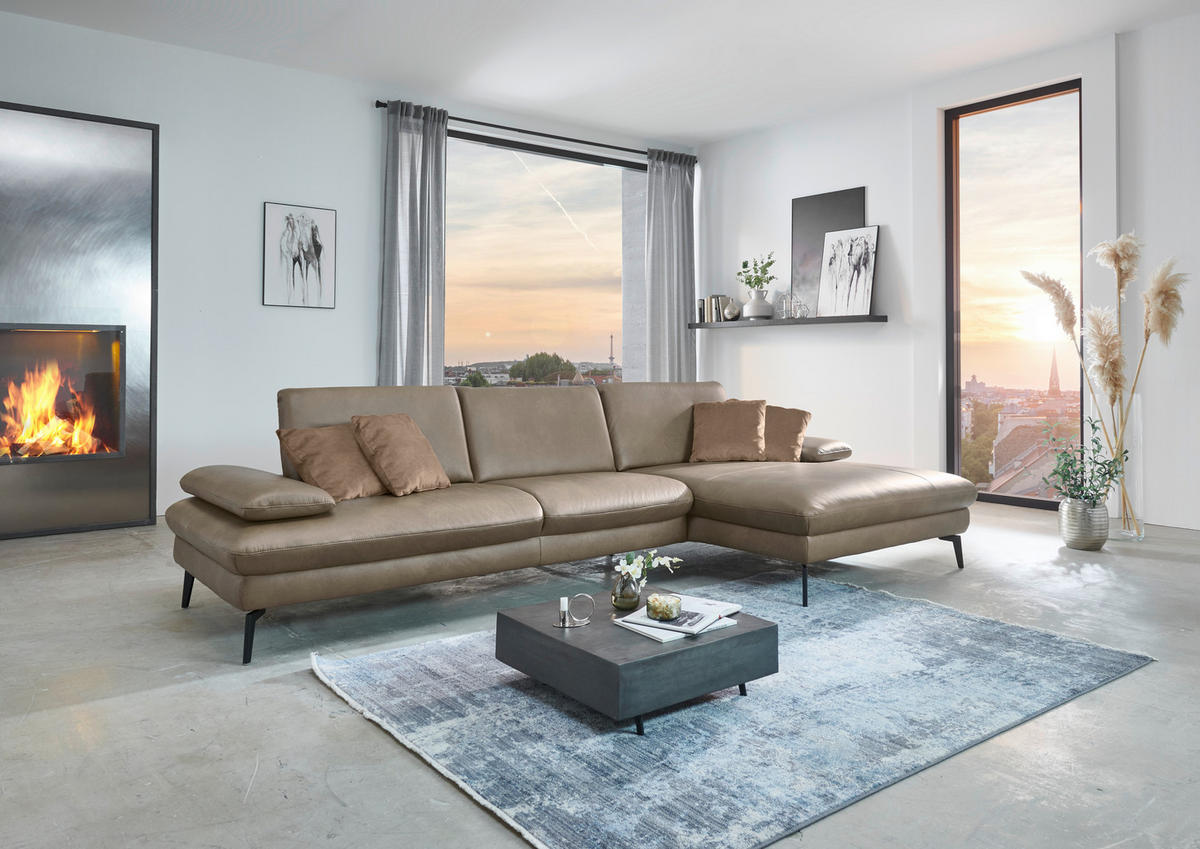 ECKSOFA in Echtleder Graubraun  - Graubraun/Schwarz, Design, Leder/Metall (157/325cm) - Dieter Knoll