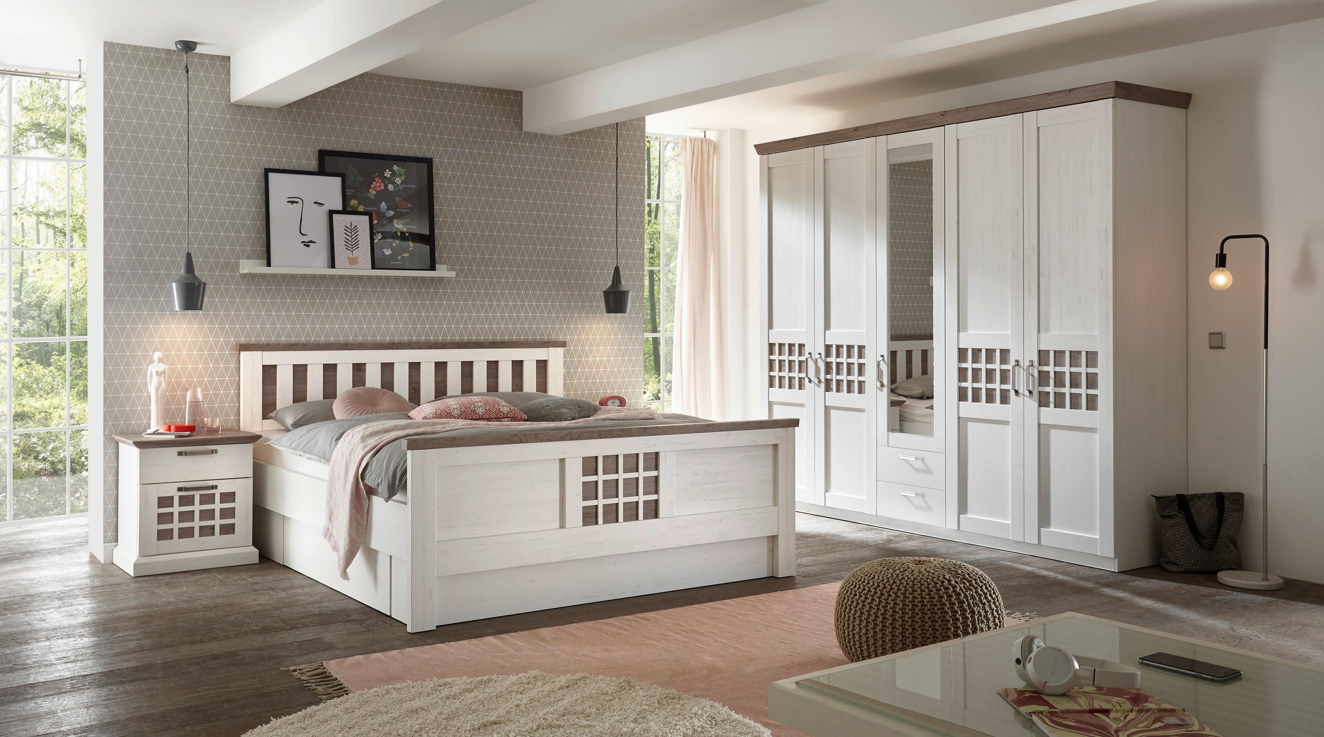 SCHLAFZIMMER Weiss, Eichefarben  - Weiss/Eichefarben, Lifestyle, Glas/Holzwerkstoff (180/200cm) - MID.YOU