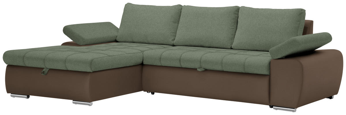 SEDEŽNA GARNITURA, gladka tkanina rjava, olivno zelena   - barve niklja/rjava, Design, umetna masa/tekstil (175/271cm) - Xora